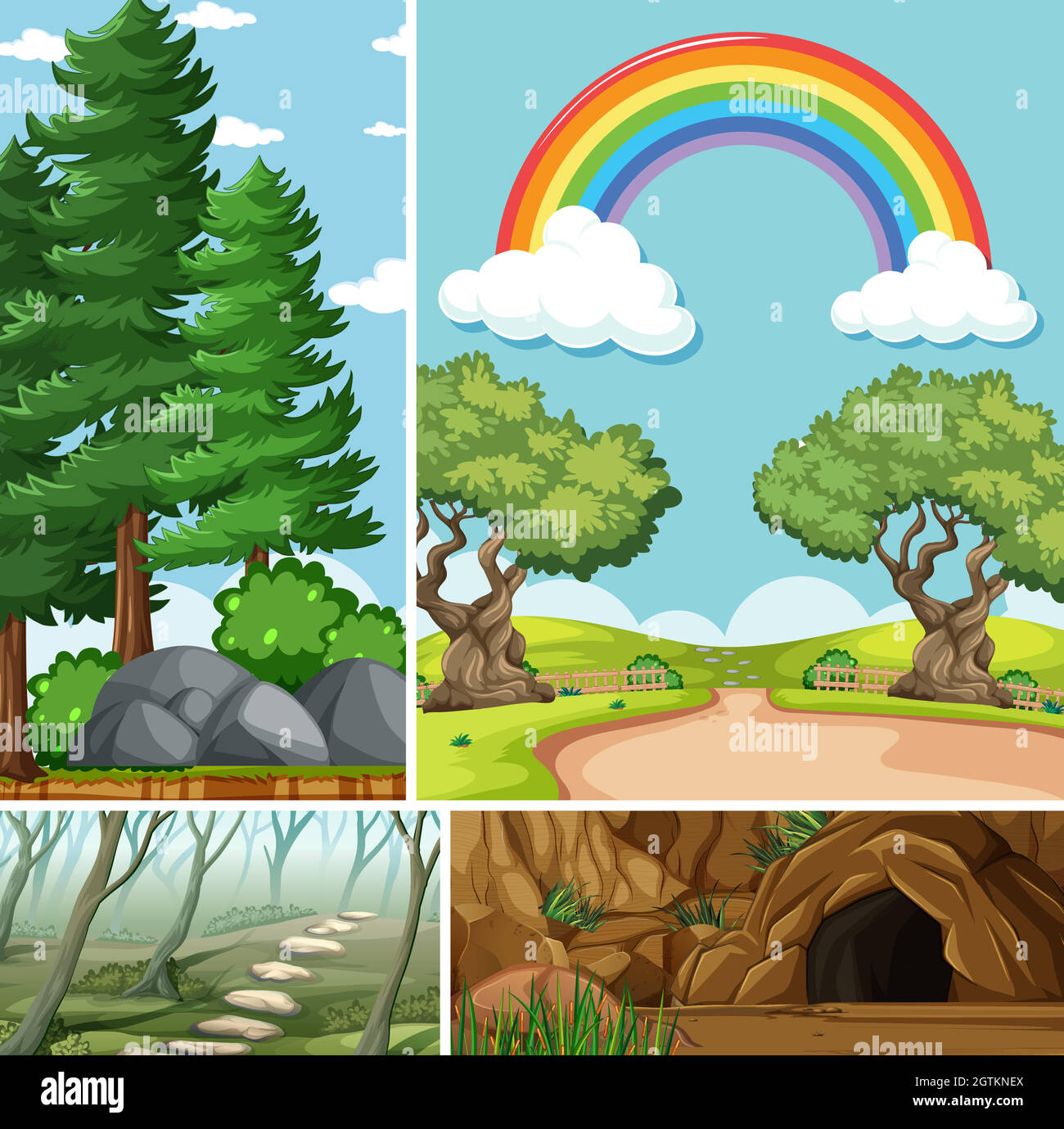 Four different scenes in nature setting cartoon style Stock Vector