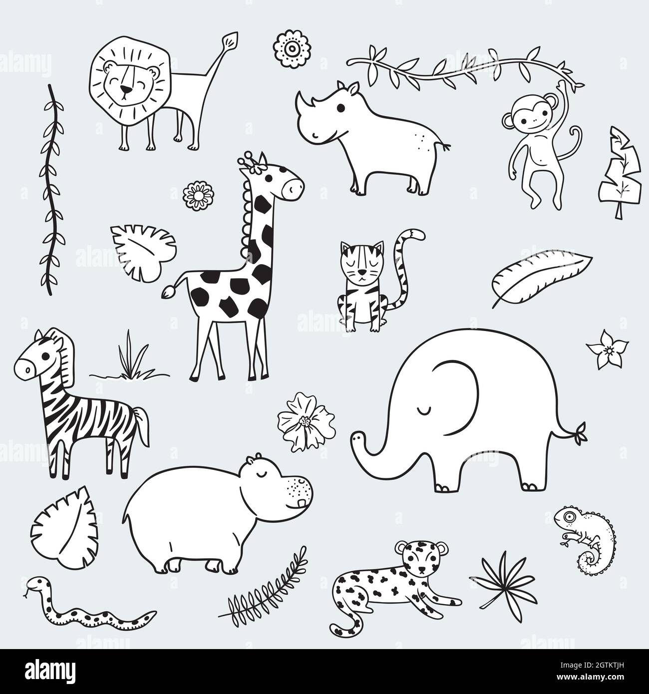 Cute jungle and safari animals. Tropical leaves. Hand drawn wild life and nature. Cartoon zoo characters. Black and white. Stock Vector