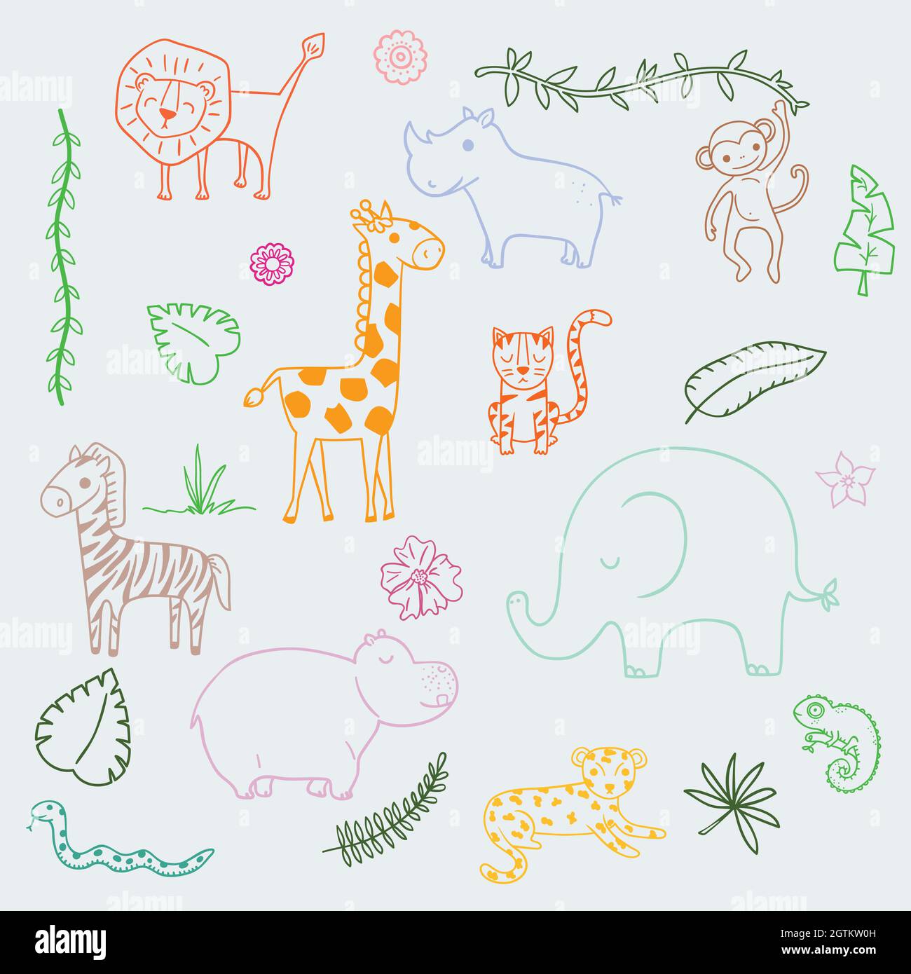 Cute jungle and safari animals. Tropical leaves. Hand drawn wild life and nature. Cartoon zoo characters. Colored Outline. Stock Vector