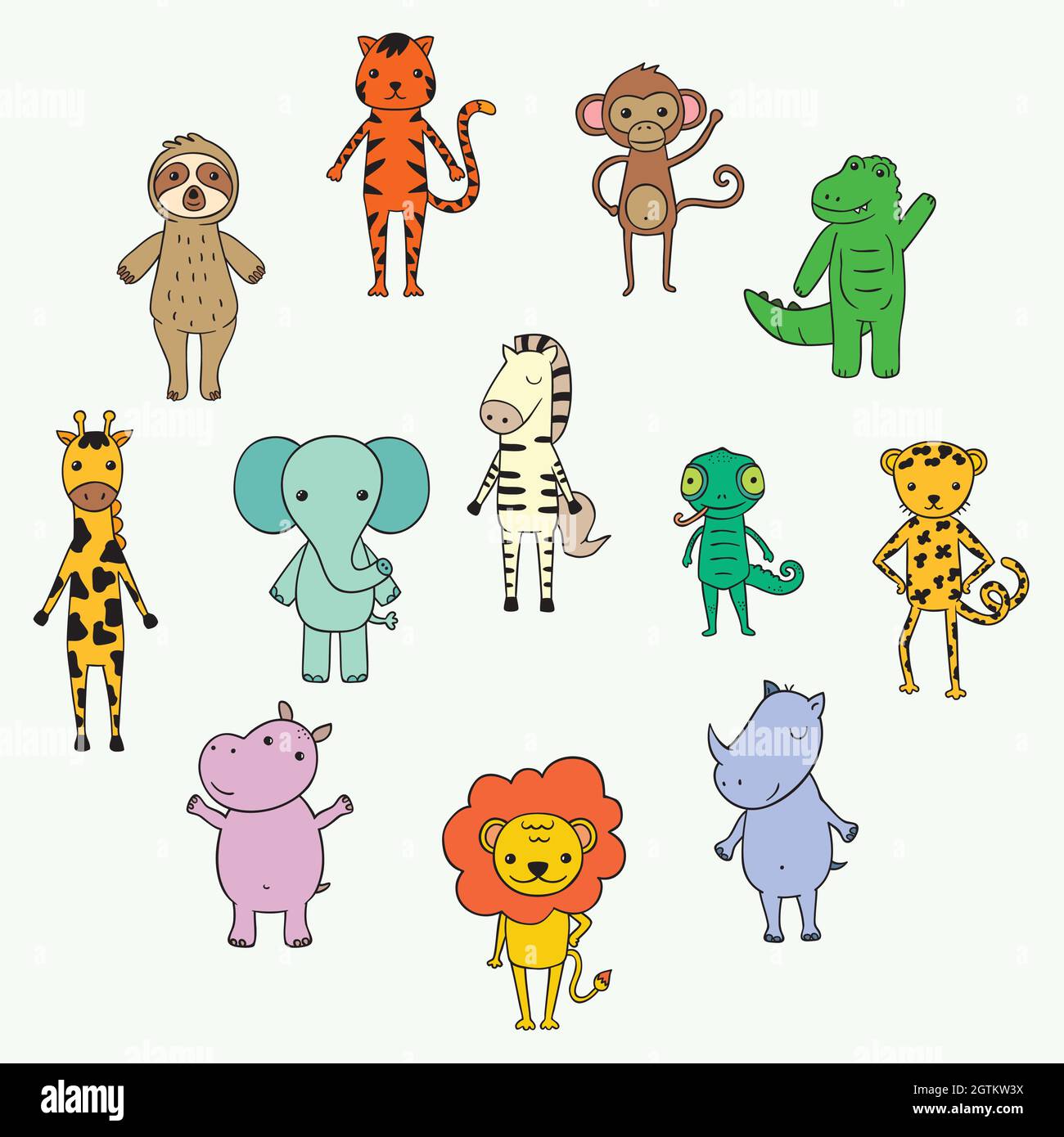 Cute jungle and safari animals. Hand drawn cartoon zoo characters. Elephant, lion, sloth, monkey, zebra, giraffe. Colored Doodles Stock Vector