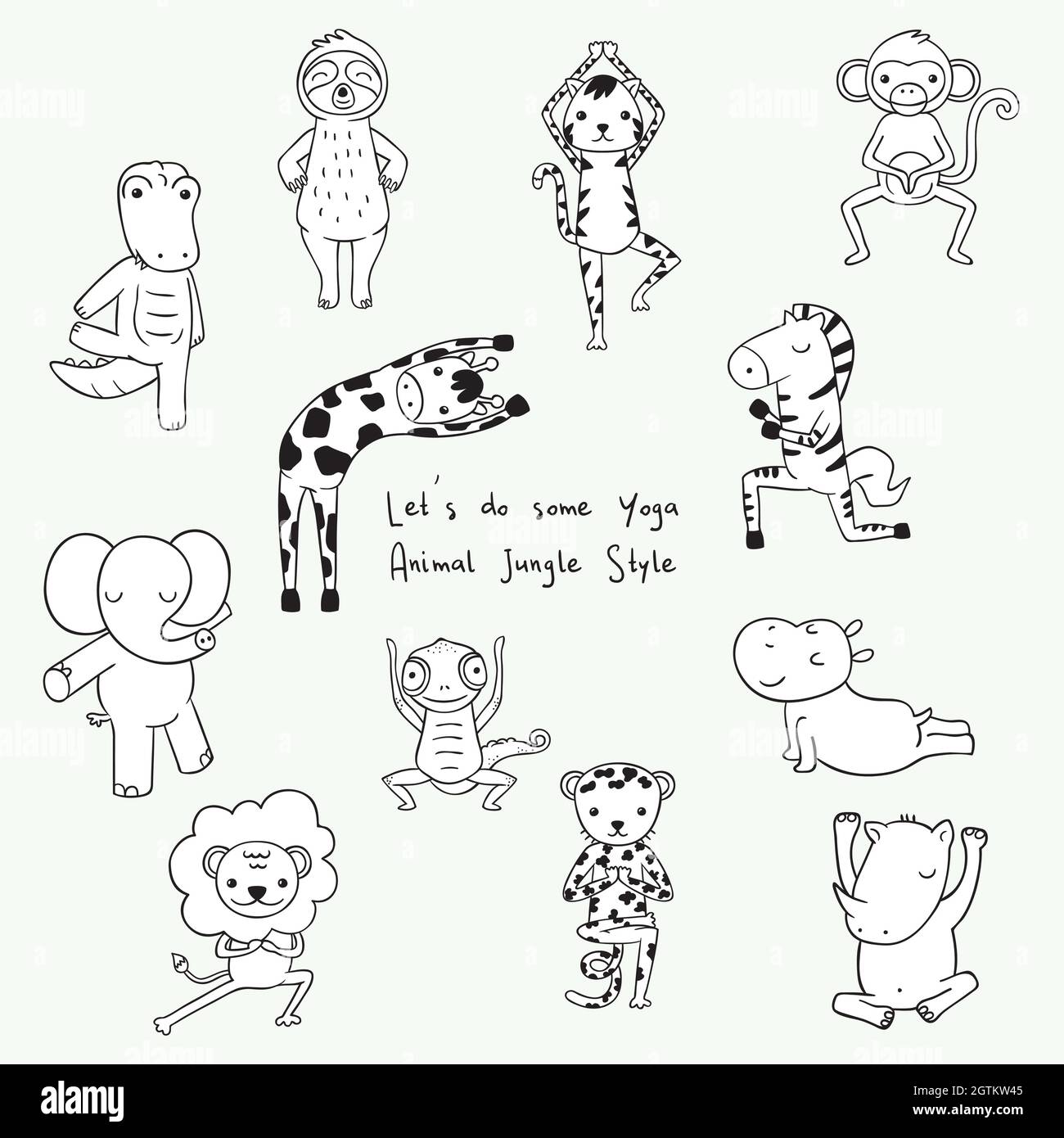 Cute jungle and safari animals. Hand drawn exercising characters. Zoo cartoon. Yoga positions. Black and white. Stock Vector