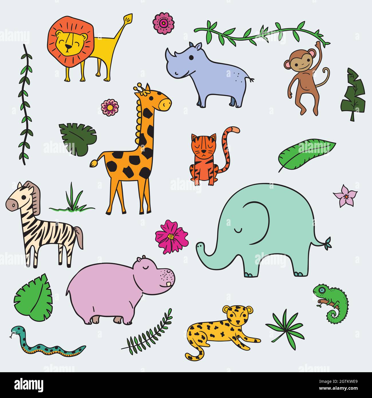 Cute jungle and safari animals. Tropical leaves. Hand drawn wild life and nature. Cartoon zoo characters. Colored Doodles Stock Vector