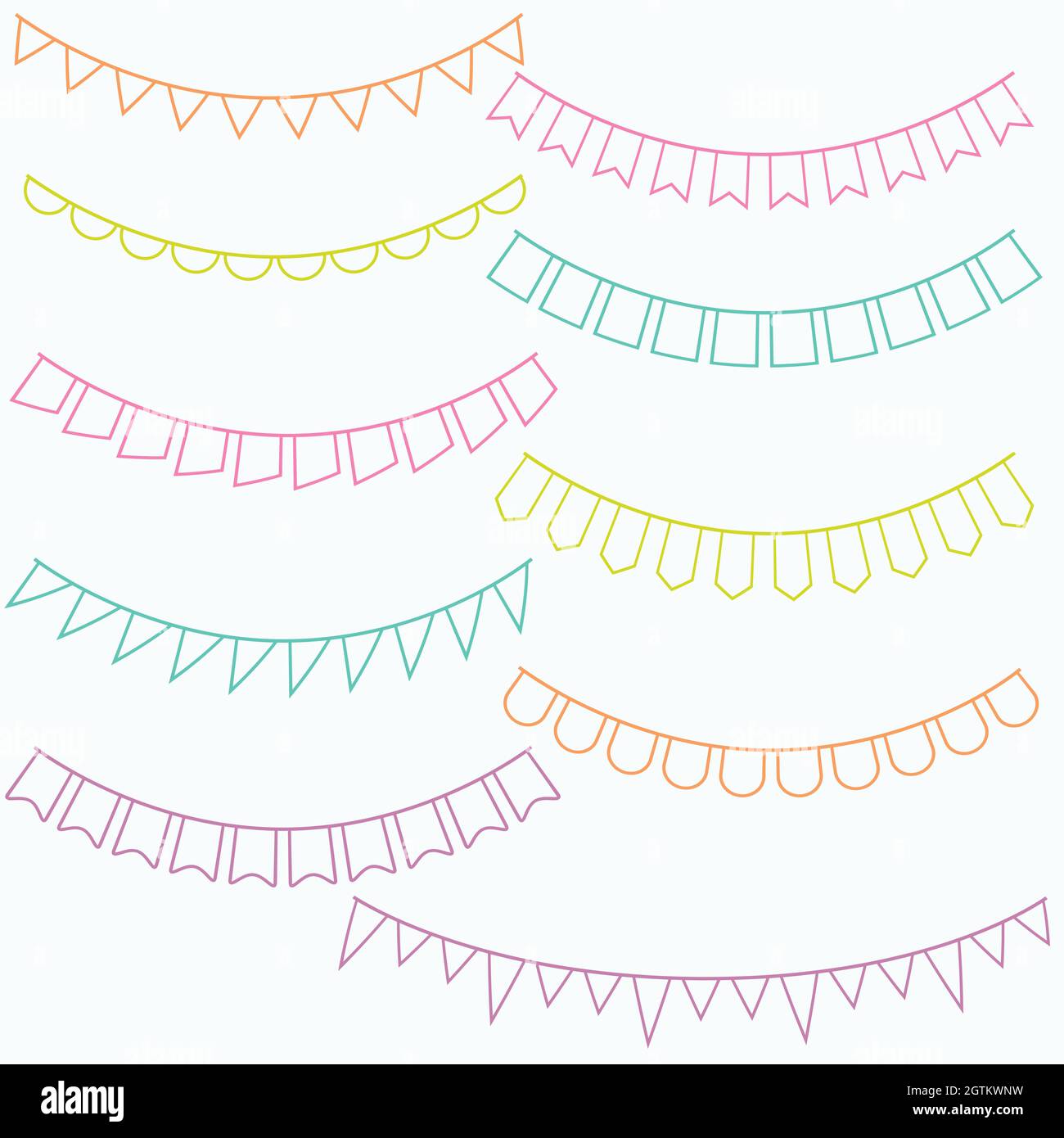 Colorful Bunting Banners. Hand Drawn Triangular Garland. Colored Outline. Stock Vector