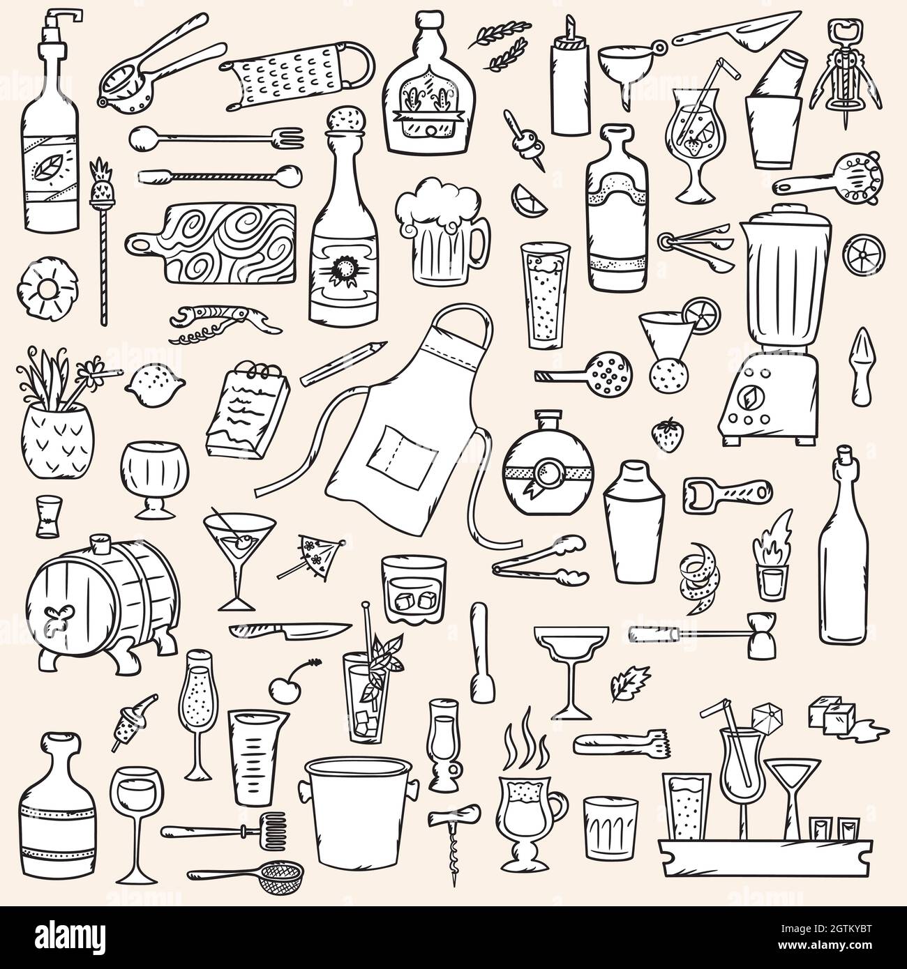 Bartender Doodles. Hand Drawn Bar tending tools. Glasses & Bottles. Black and White. Stock Vector