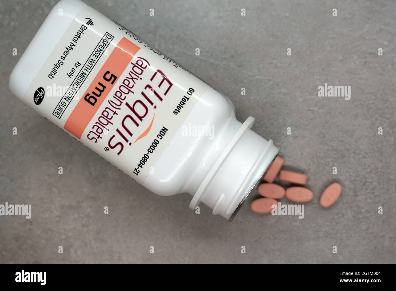 Bottle of eliquis 5mg tablets a prescription blood thinner medication 