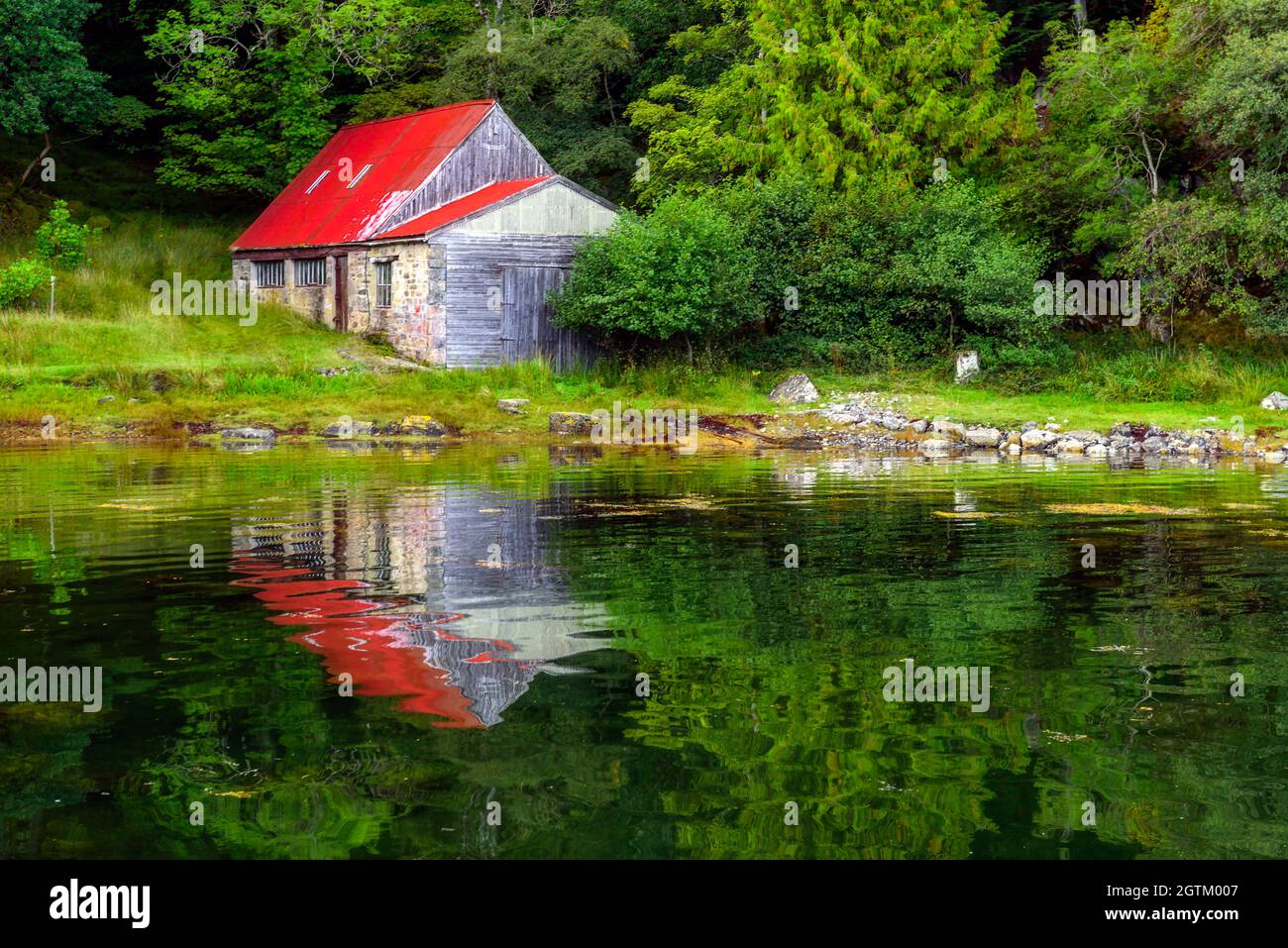 Old Boathouse on Eilean Shona in Loch Moidart, Scotland Stock Photo