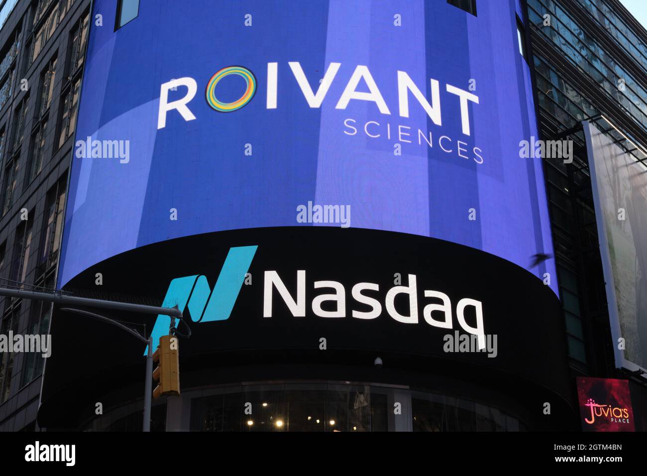 New York, New York, USA. 1st Oct, 2021. Basel, Switzerland-based  biopharmaceutical company, Roivant Sciences, displayed on Times Square's  Nasdaq Marketsite Tower after going public, beginning trading on Nasdaq as  of October 1st. (