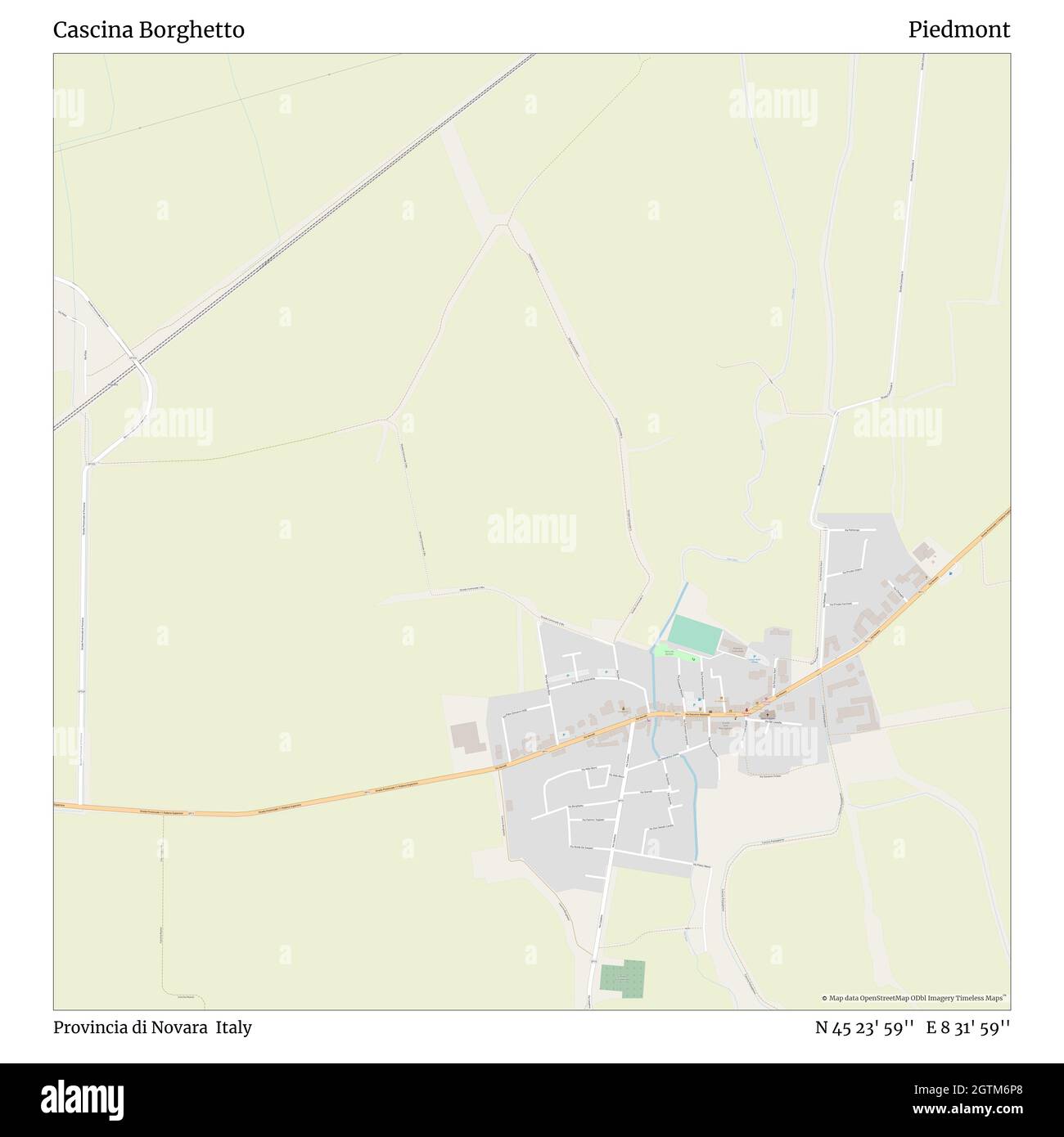 Cascina Borghetto, Provincia di Novara, Italy, Piedmont, N 45 23' 59'', E 8 31' 59'', map, Timeless Map published in 2021. Travelers, explorers and adventurers like Florence Nightingale, David Livingstone, Ernest Shackleton, Lewis and Clark and Sherlock Holmes relied on maps to plan travels to the world's most remote corners, Timeless Maps is mapping most locations on the globe, showing the achievement of great dreams Stock Photo