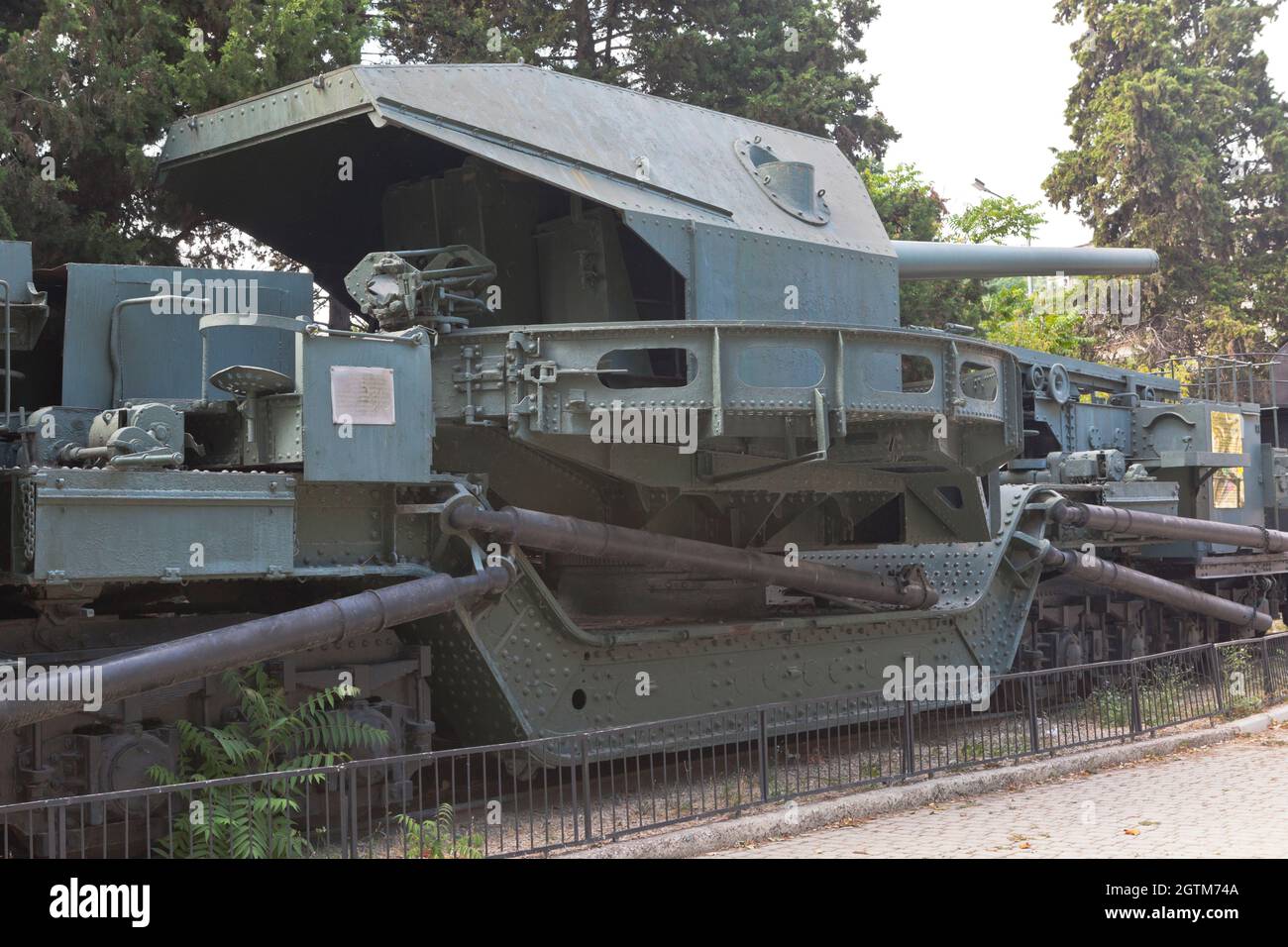 Sevastopol, Crimea, Russia - July 28, 2020: Railway gun mount TM-1-180 on the Zheleznyakov armored train near the Sevastopol railway station, Crimea Stock Photo