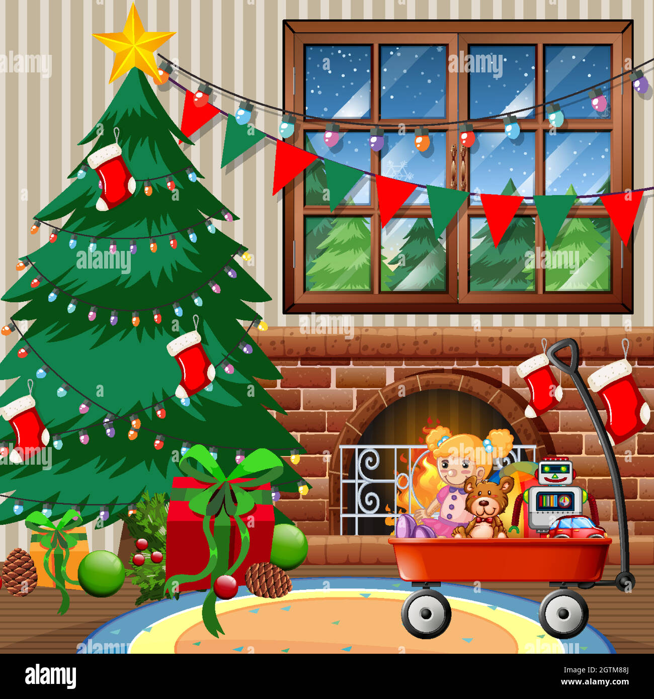 Christmas tree in the house merry christmas scene Stock Vector Image