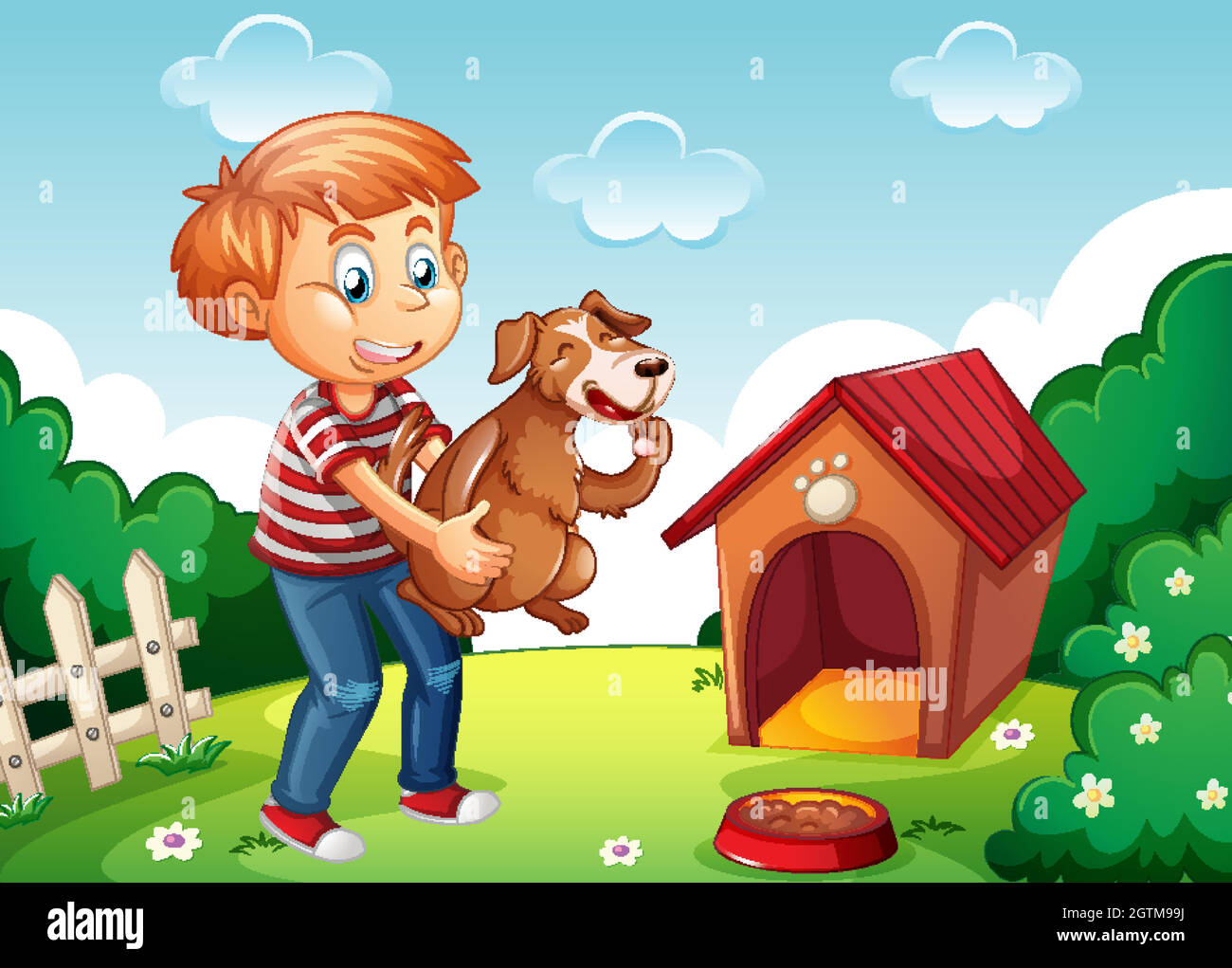 Boy holding a dog in nature scene white doghouse Stock Vector Image & Art -  Alamy