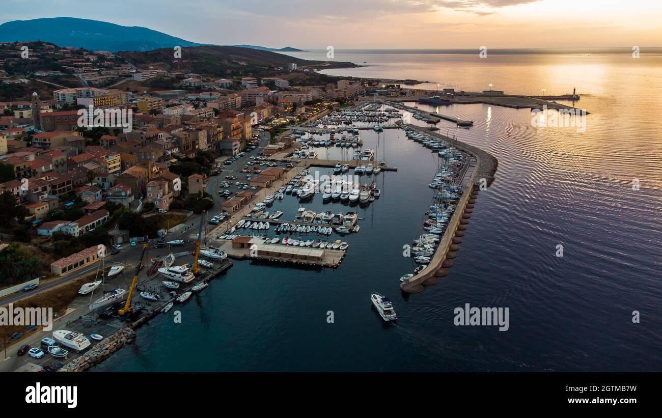 Aerial view of the marina of Propriano in the South of Corsica, France - Small coastal town in the Mediterranean Sea Stock Photo