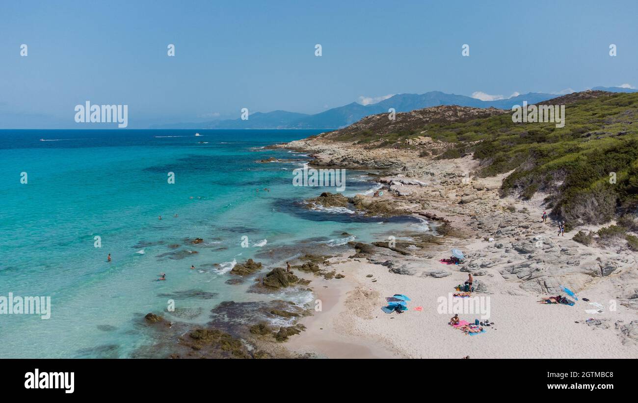 Aerial view of Saleccia Beach in the Agriates desert in Upper Corsica,  France - Paradise beach in the Mediterranean Sea with tropical waters, only  acc Stock Photo - Alamy