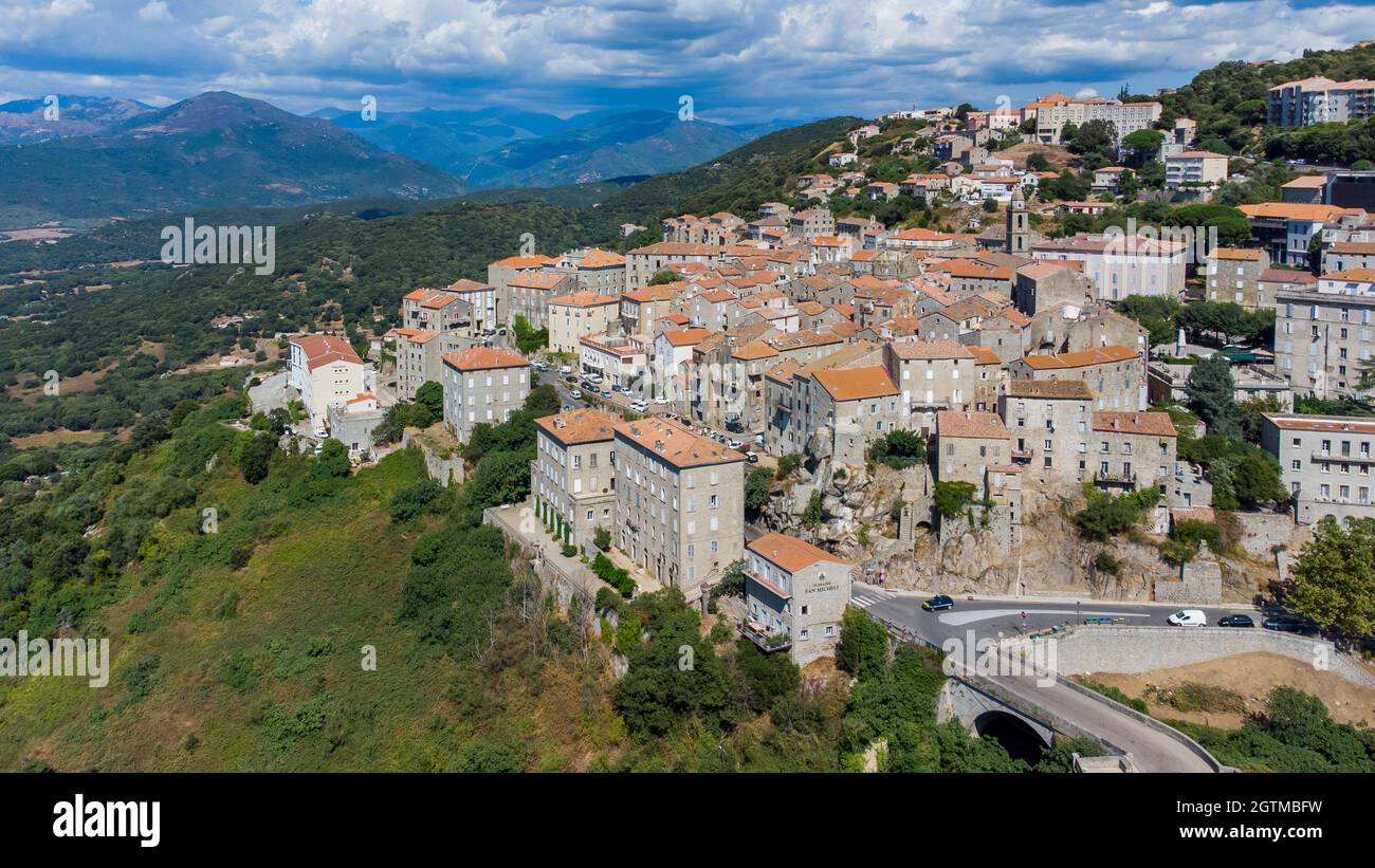 Aerial view of the medieval city of Sartène in the mountains of the South of Corsica, France - Regional capital, Sartène is mostly made of granite bui Stock Photo