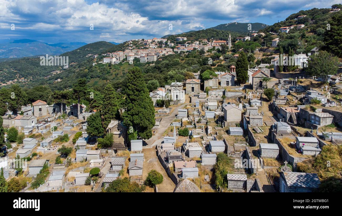 Aerial view of the cemetery of Sartène in the mountains of the South of Corsica, France - Regional capital, Sartène is mostly made of granite building Stock Photo