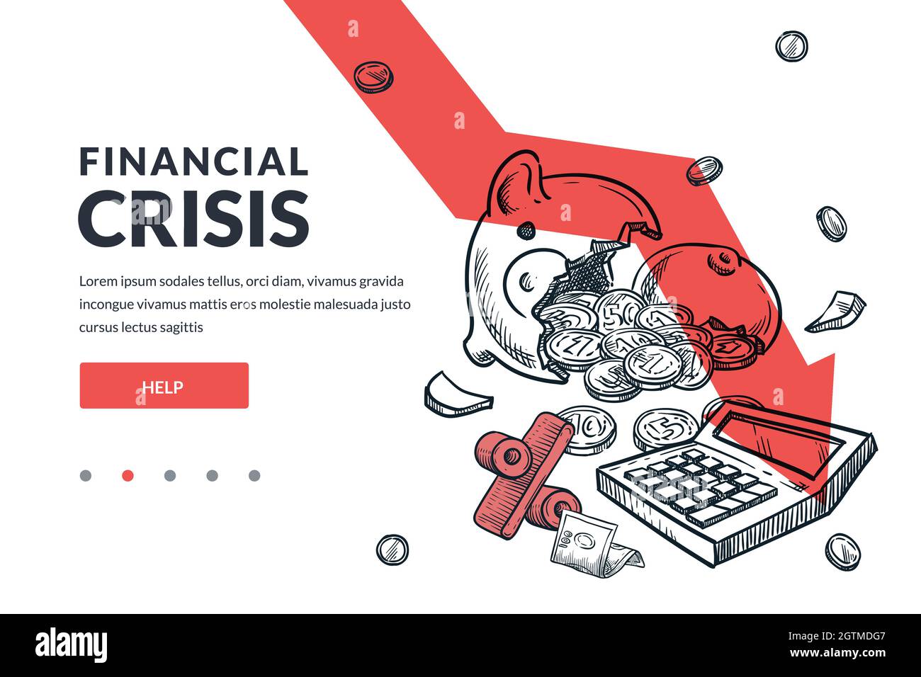 Economic crisis, financial losses, bankruptcy concept. Broken piggy bank, percent sign, calculator on falling down red arrow background. Hand drawn ve Stock Vector