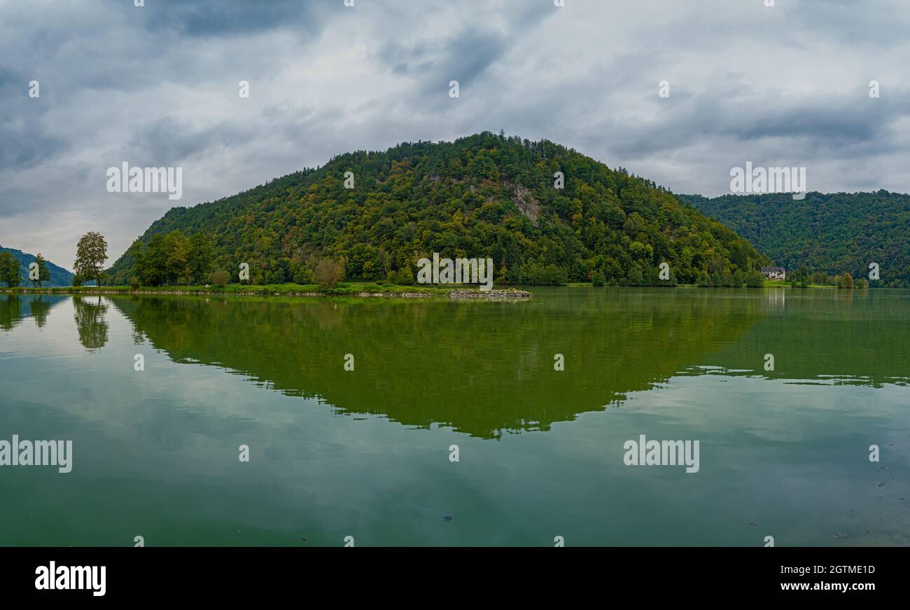 Dramatic view of the Donauschlinge (Danube bend, loop), a spectacular meander where the mighty river makes a 360 degree turn, Upper Austria Stock Photo