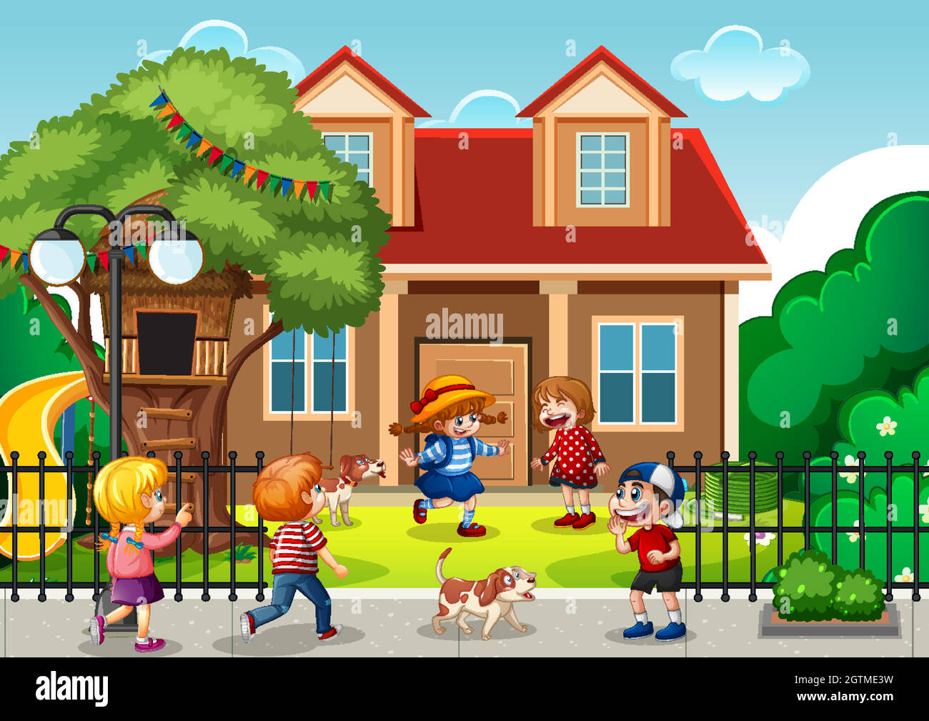 Outdoor scene with many children playing in front of the house Stock ...