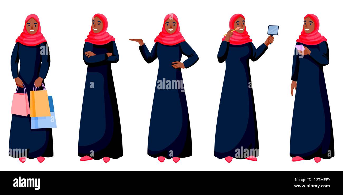 Arab young happy woman in traditional clothing in different poses isolated on white background. Arabic muslim female shopping, talking on phone, doing Stock Vector