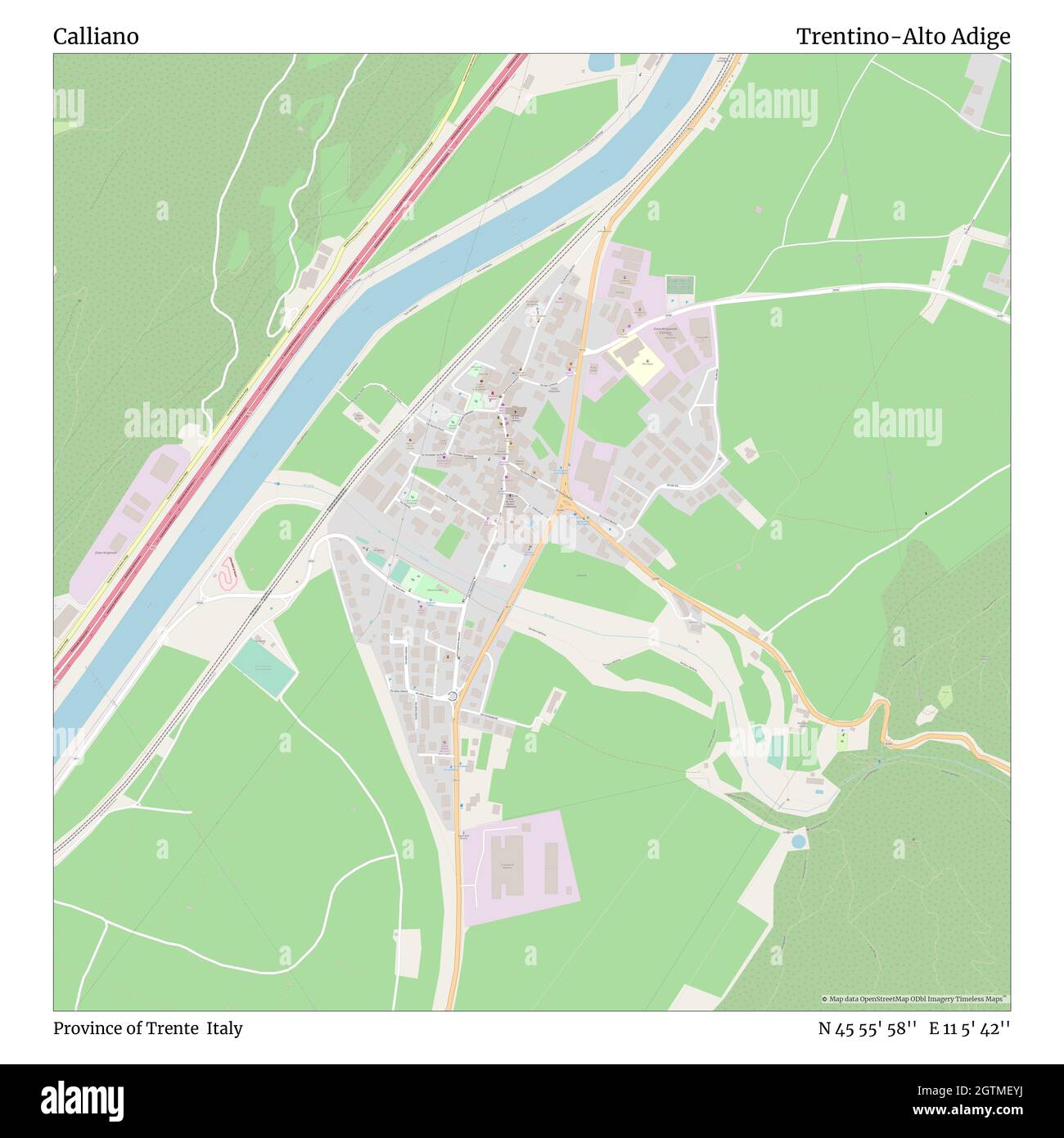 Calliano, Province of Trente, Italy, Trentino-Alto Adige, N 45 55' 58'', E 11 5' 42'', map, Timeless Map published in 2021. Travelers, explorers and adventurers like Florence Nightingale, David Livingstone, Ernest Shackleton, Lewis and Clark and Sherlock Holmes relied on maps to plan travels to the world's most remote corners, Timeless Maps is mapping most locations on the globe, showing the achievement of great dreams Stock Photo