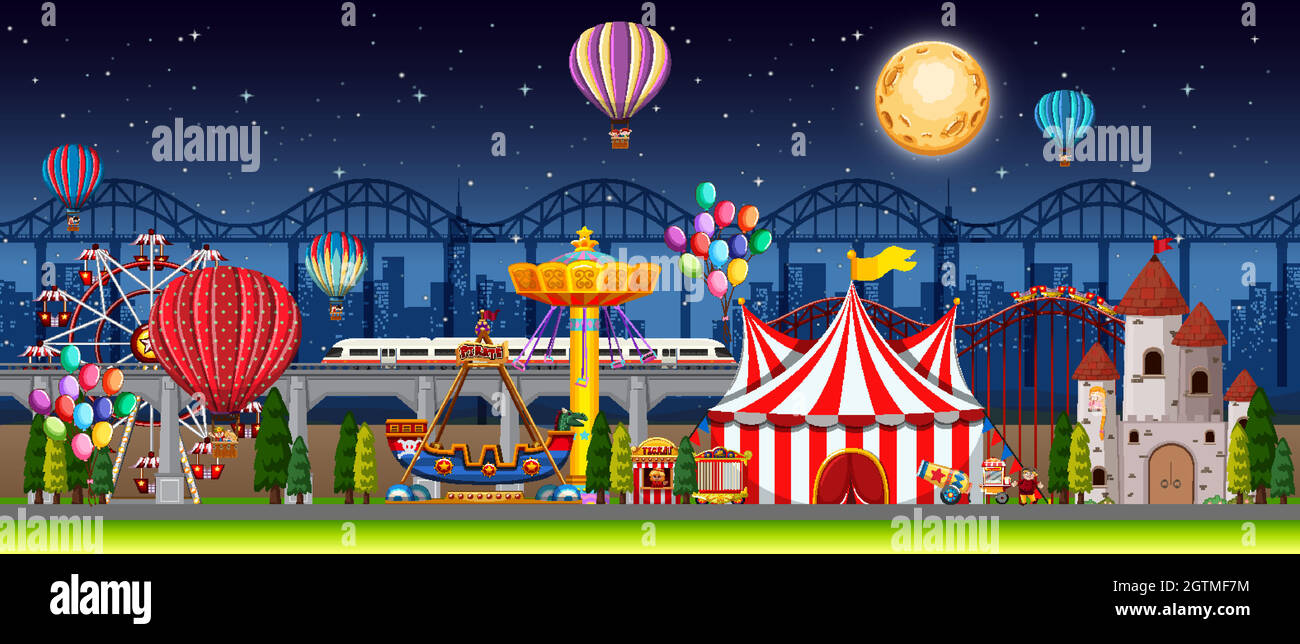 Amusement park scene at night with balloons and moon in the sky Stock ...