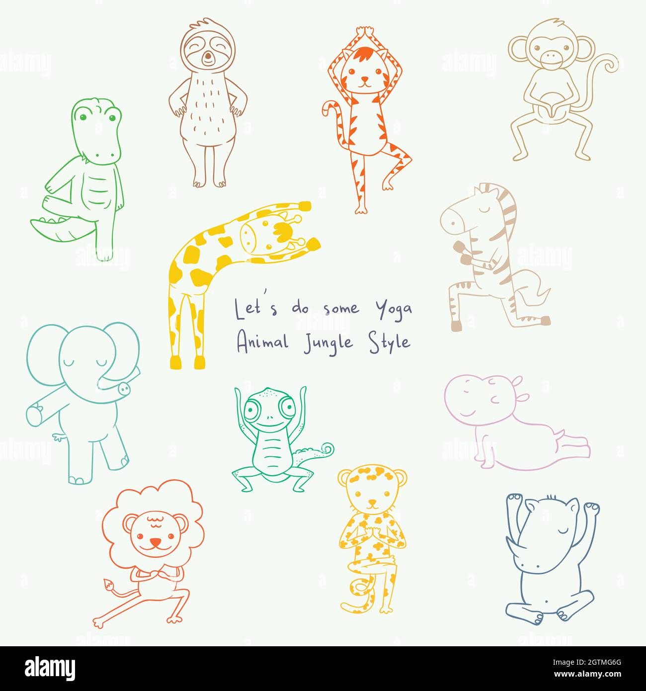 Cute jungle and safari animals. Hand drawn exercising characters. Zoo cartoon. Yoga positions. Colored Outline. Stock Vector