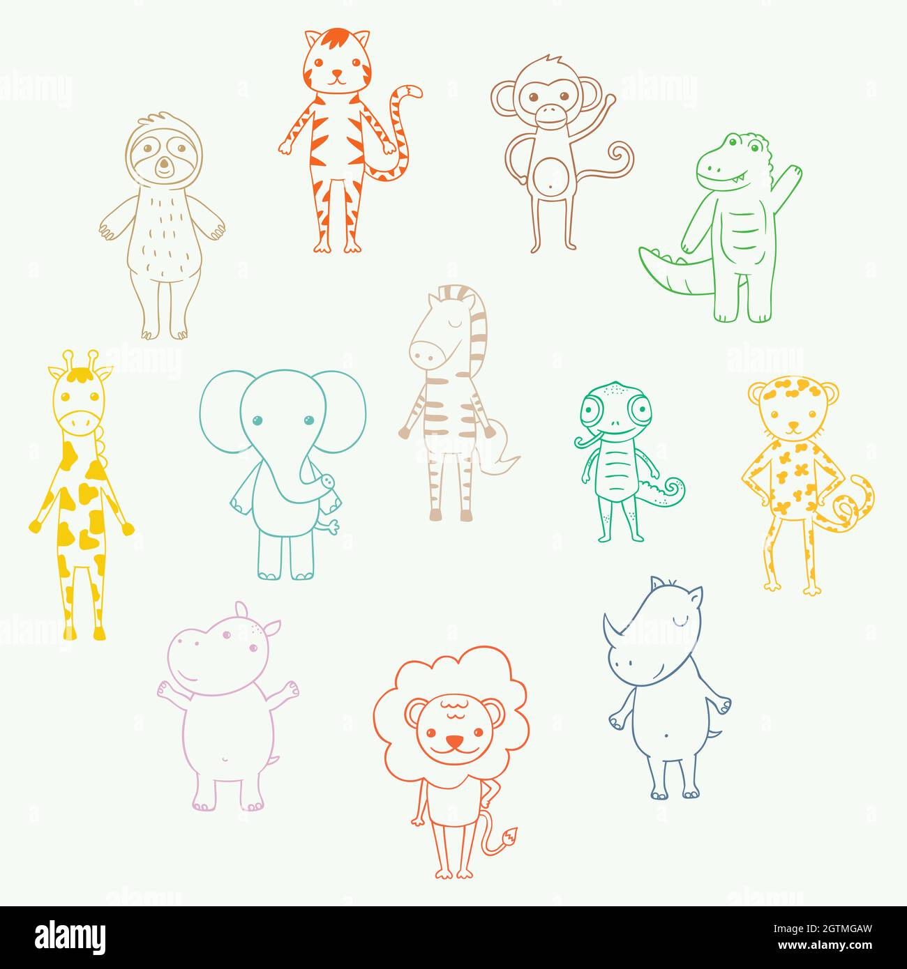 Cute jungle and safari animals. Hand drawn cartoon zoo characters. Elephant, lion, sloth, monkey, zebra, giraffe. Colored Outline. Stock Vector