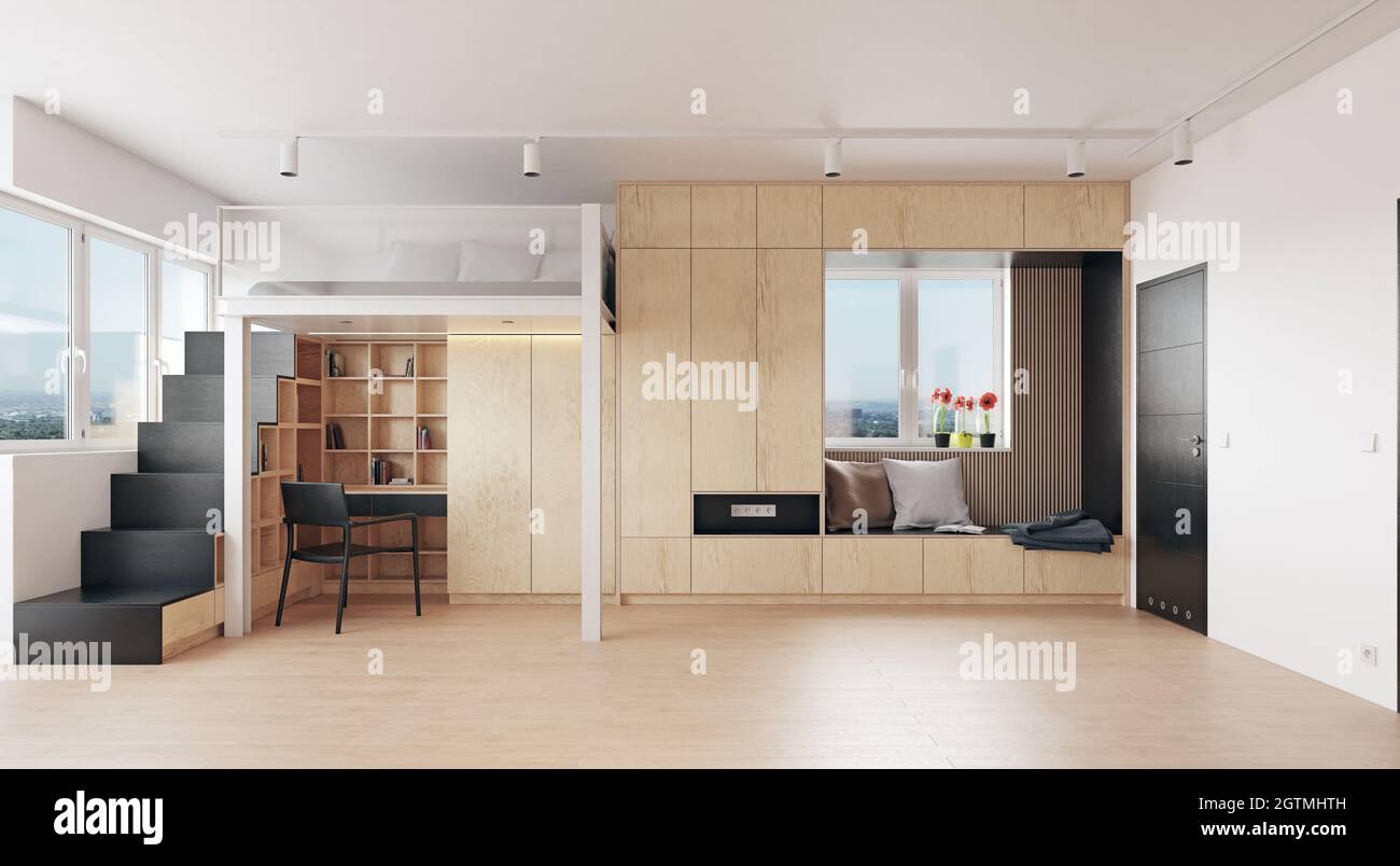 compact apartment design concept. 3d interior rendering Stock Photo - Alamy