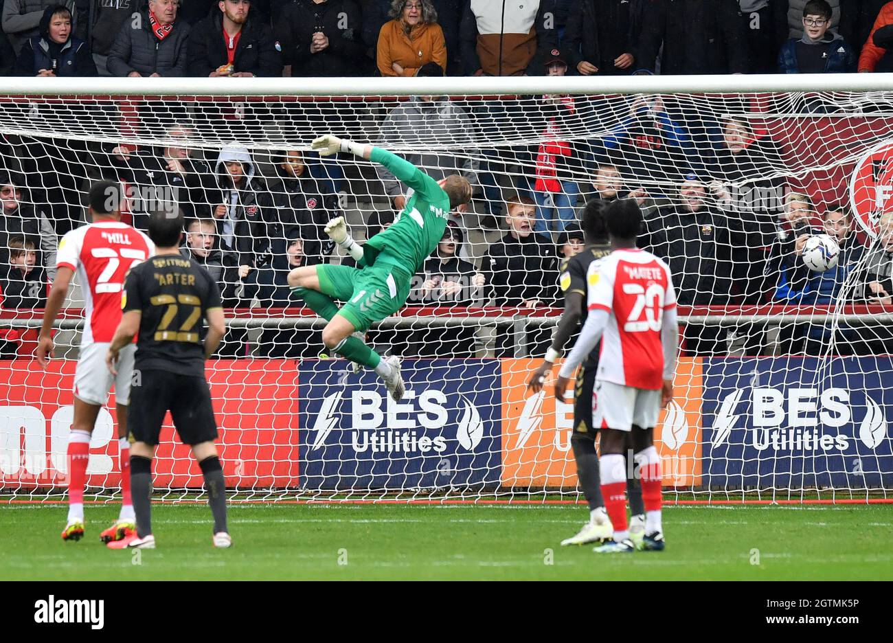 Charlton Athletic Goalkeeper Craig MacGillivray concedes a goal from Fleetwood Town's Danny Andrew (not pictured) during the Sky Bet League One match at Highbury Stadium, Fleetwood. Picture date: Saturday October 2, 2021. Stock Photo