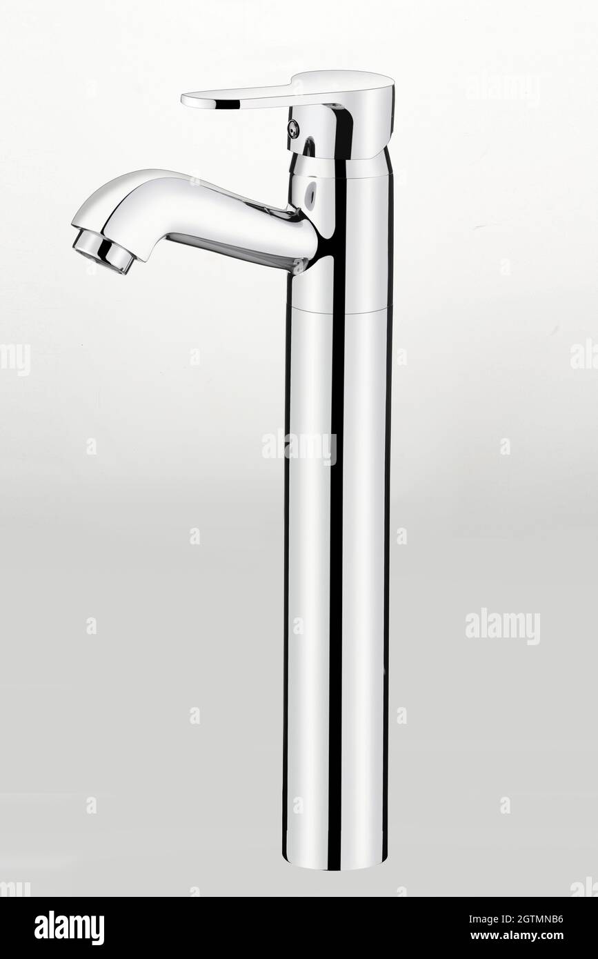Modern stainless steel water tap. Isolated on white Grey background