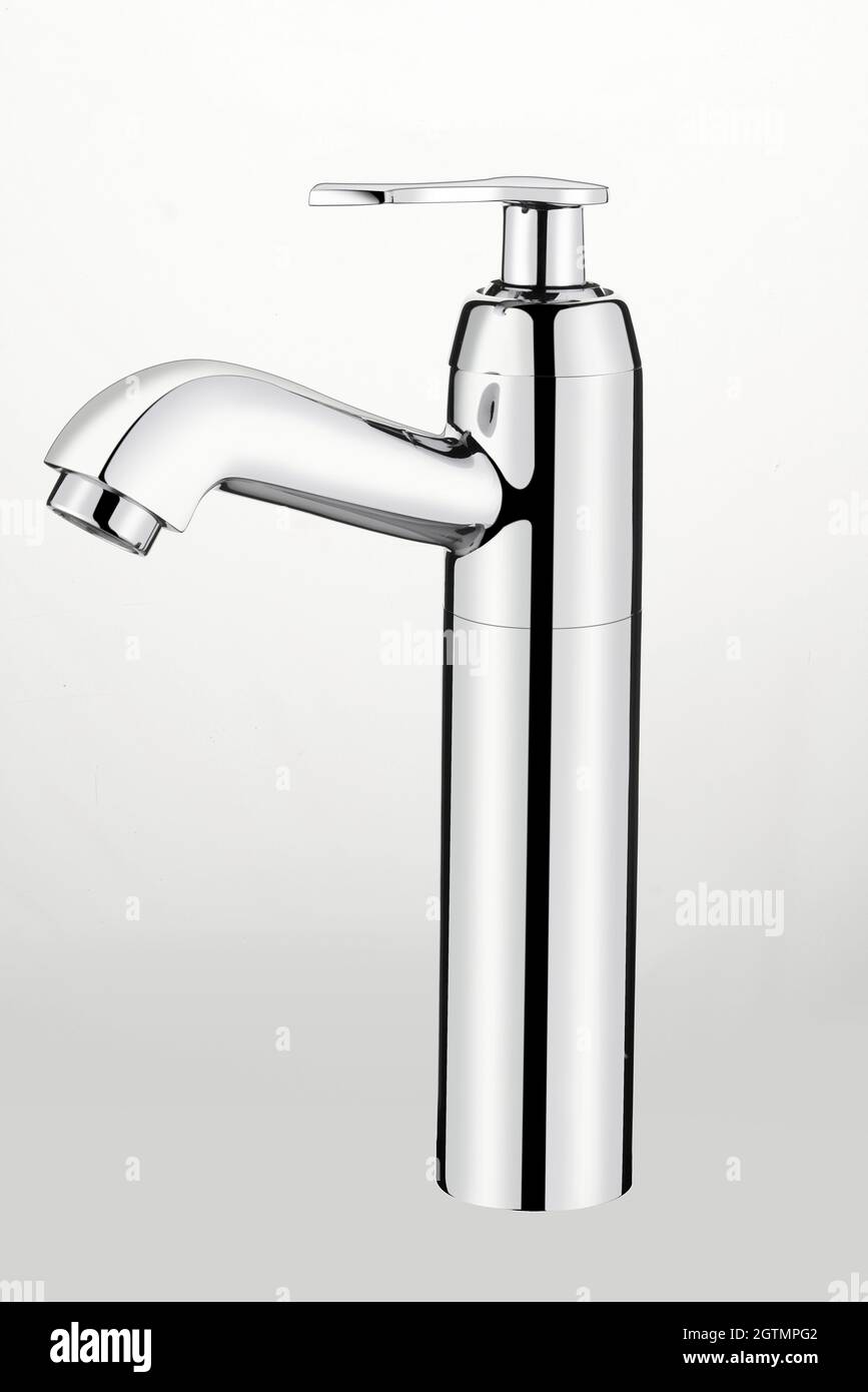 Modern stainless steel water tap. Isolated on white Grey background