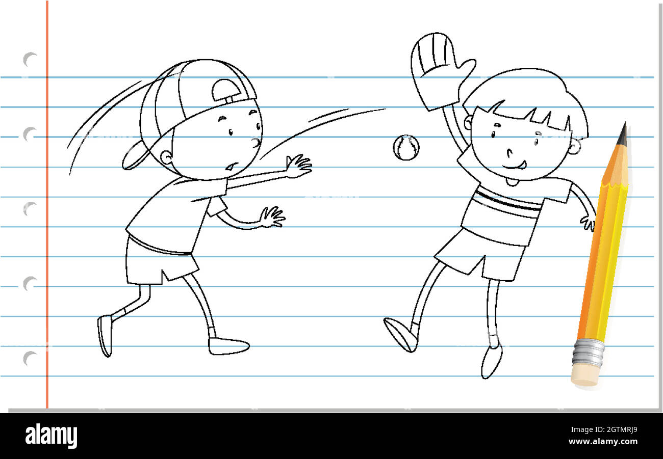 Hand writing of two boys playing baseball outline Stock Vector