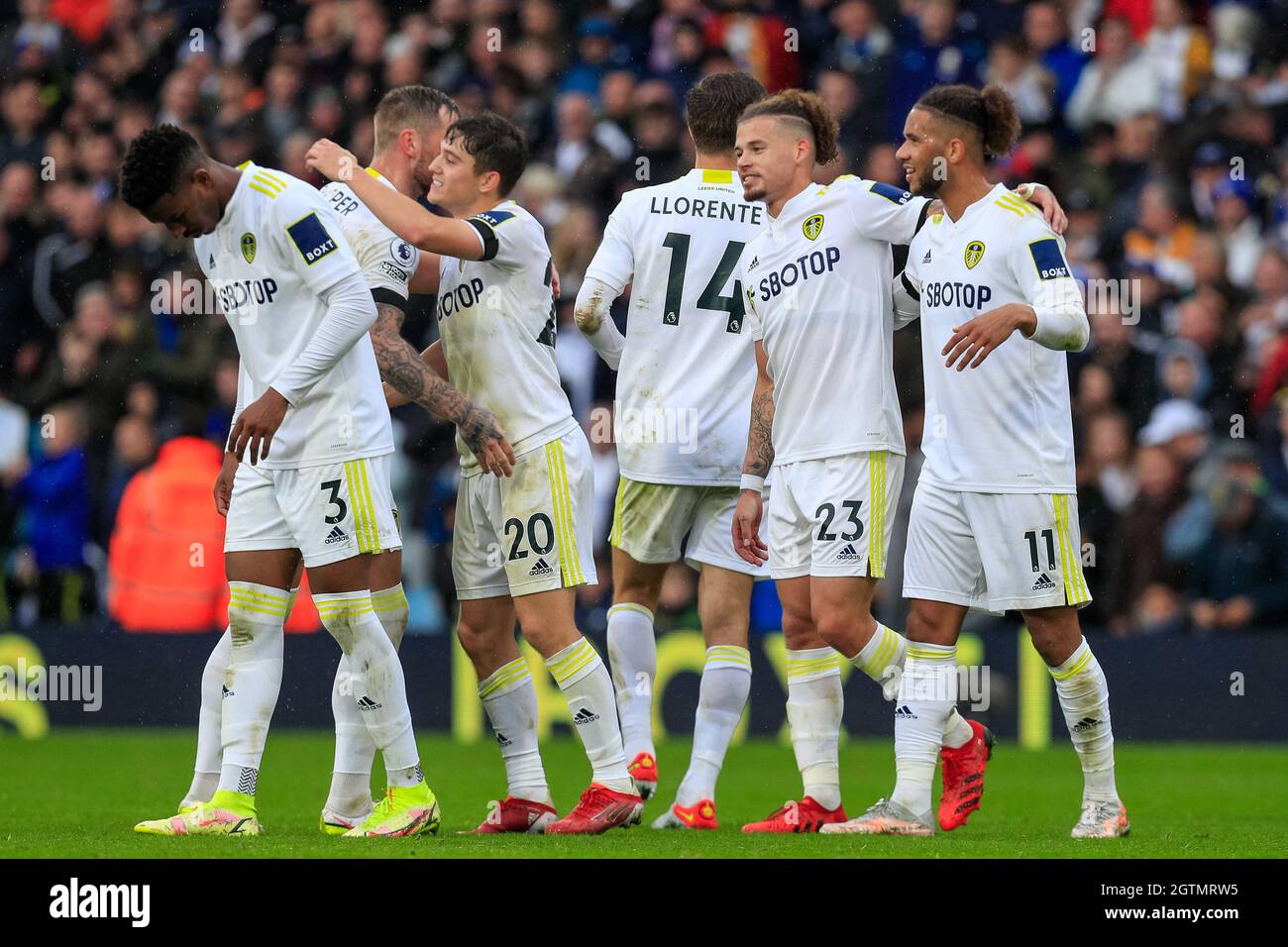 The Leeds United players celebrate winning the game Stock Photo