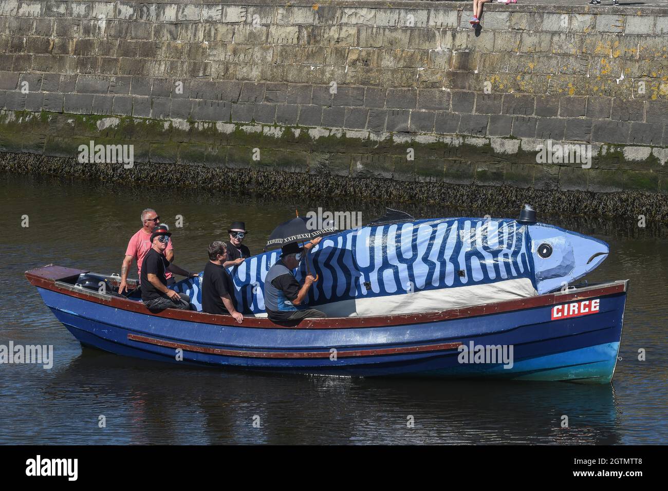 Saturday 26/08/2017 the harbor Aberaeron  WEST WALES UK  bands and a parade led by a 20-foot fish, the fiesta sees the fishing town honour the mackere Stock Photo