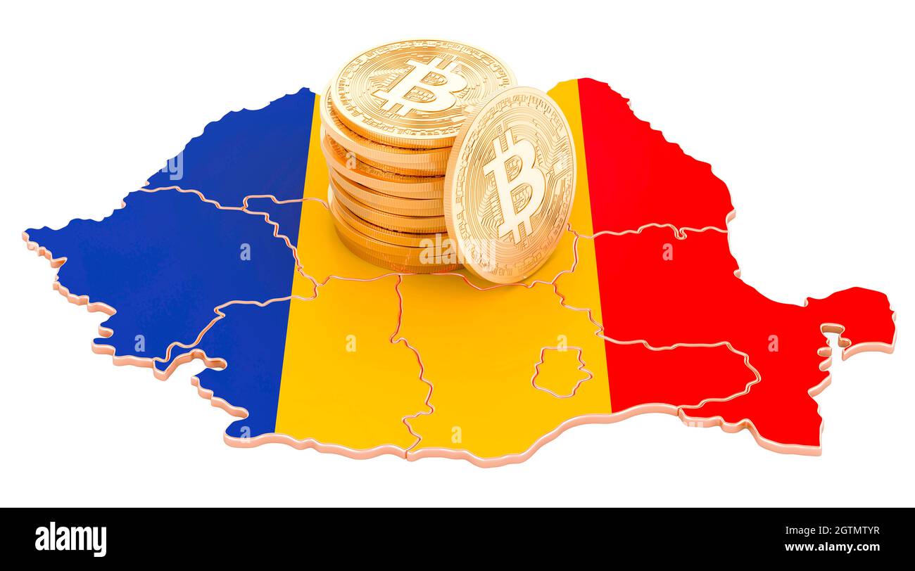 Bitcoin cryptocurrency in Romania, 3D rendering isolated on white background Stock Photo