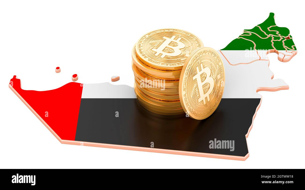 UAE flag on a bitcoin cryptocurrency coin. 3D Rendering Stock Photo - Alamy