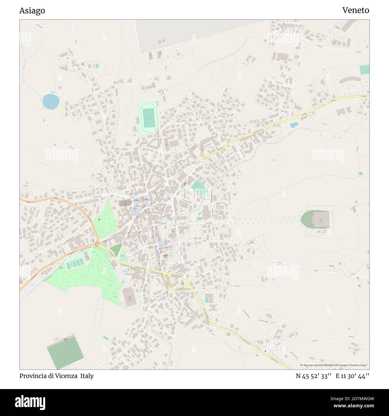 Asiago, Provincia di Vicenza, Italy, Veneto, N 45 52' 33'', E 11 30' 44'',  map, Timeless Map published in 2021. Travelers, explorers and adventurers  like Florence Nightingale, David Livingstone, Ernest Shackleton, Lewis