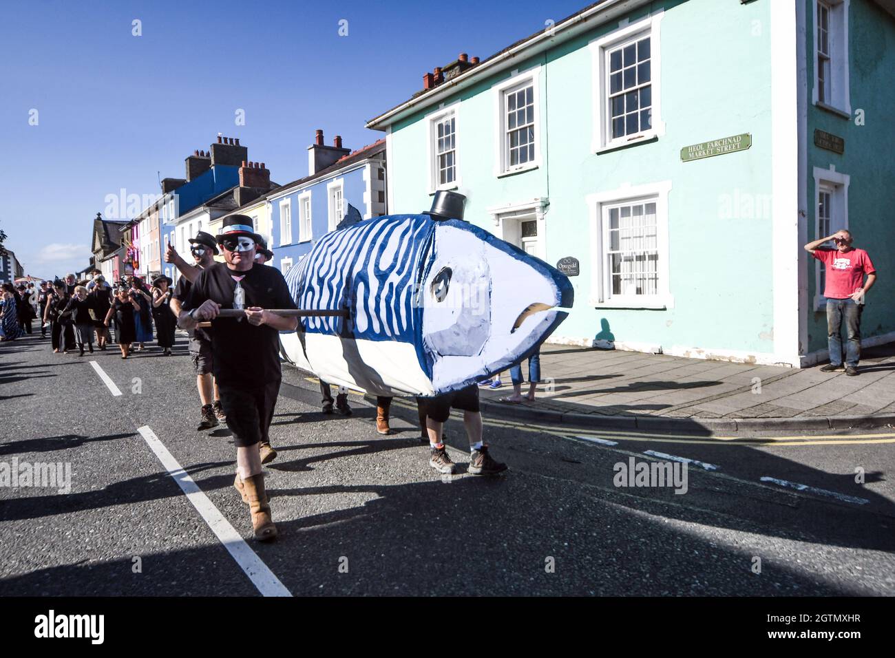 Aberaeron Mackerel Fiesta. There can’t be many fiestas where a funeral is the focus of the celebrations. And probably none where that funeral is for a Stock Photo