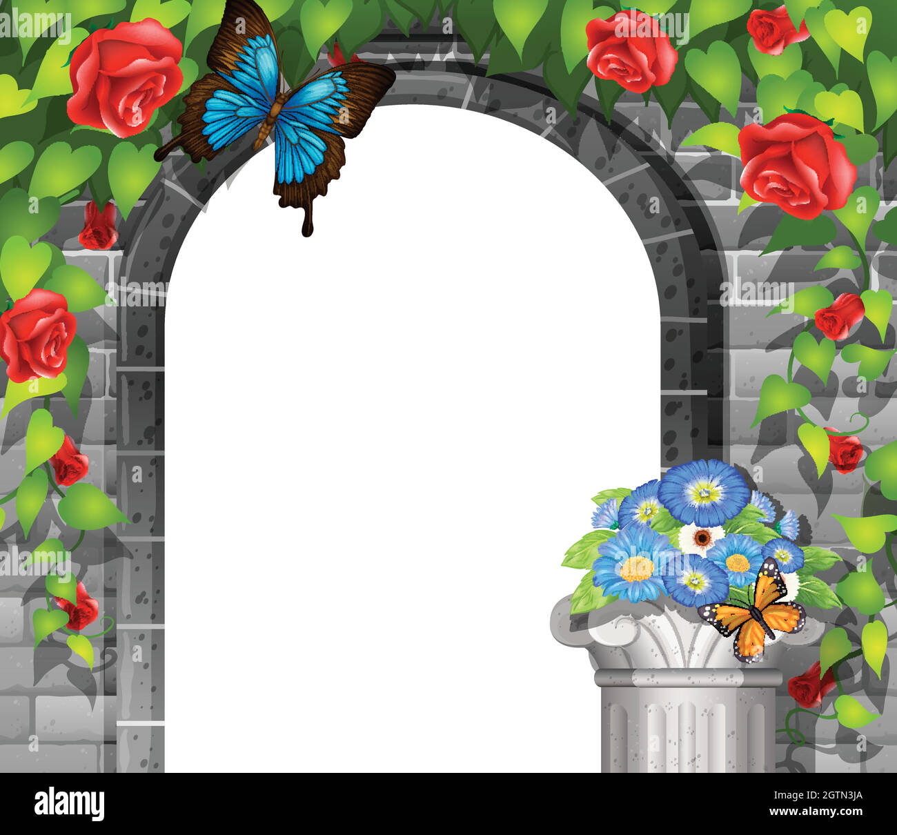 Scene with brickwall and roses Stock Vector