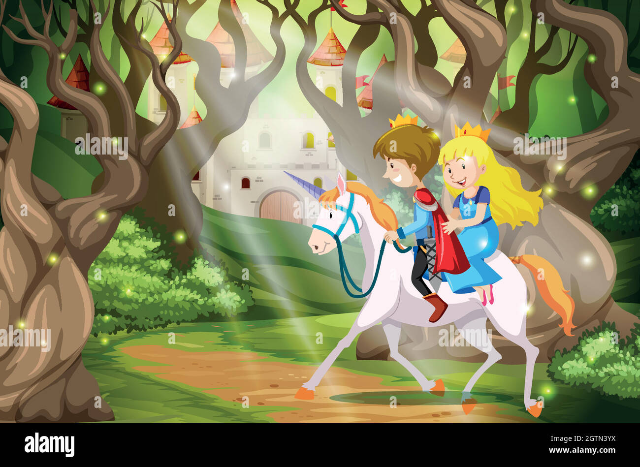 Prince and princess riding a unicorn scene Stock Vector Image & Art - Alamy