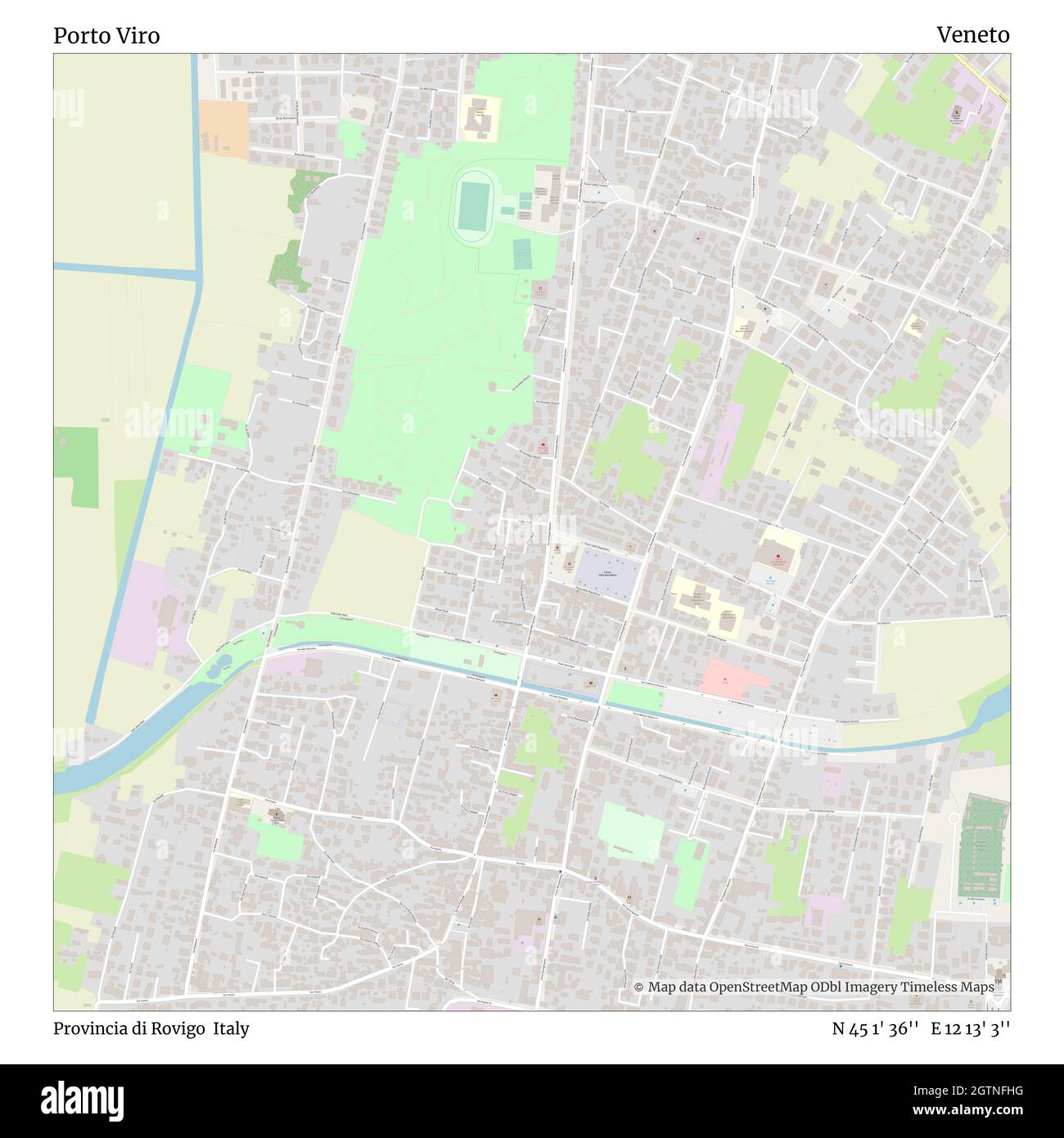 Porto Viro, Provincia di Rovigo, Italy, Veneto, N 45 1' 36'', E 12 13' 3'', map, Timeless Map published in 2021. Travelers, explorers and adventurers like Florence Nightingale, David Livingstone, Ernest Shackleton, Lewis and Clark and Sherlock Holmes relied on maps to plan travels to the world's most remote corners, Timeless Maps is mapping most locations on the globe, showing the achievement of great dreams Stock Photo