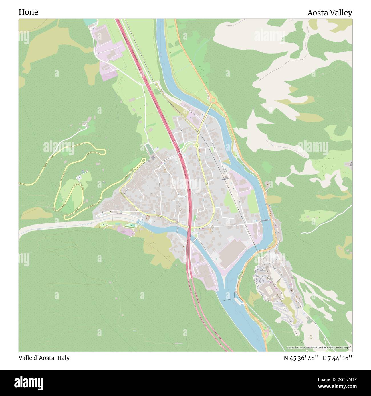 Hone, Valle d'Aosta, Italy, Aosta Valley, N 45 36' 48'', E 7 44' 18'', map, Timeless Map published in 2021. Travelers, explorers and adventurers like Florence Nightingale, David Livingstone, Ernest Shackleton, Lewis and Clark and Sherlock Holmes relied on maps to plan travels to the world's most remote corners, Timeless Maps is mapping most locations on the globe, showing the achievement of great dreams Stock Photo