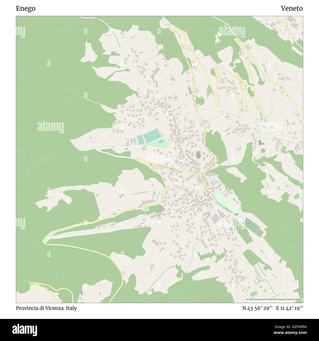 Enego, Provincia di Vicenza, Italy, Veneto, N 45 56' 29'', E 11 42' 19'', map, Timeless Map published in 2021. Travelers, explorers and adventurers like Florence Nightingale, David Livingstone, Ernest Shackleton, Lewis and Clark and Sherlock Holmes relied on maps to plan travels to the world's most remote corners, Timeless Maps is mapping most locations on the globe, showing the achievement of great dreams Stock Photo