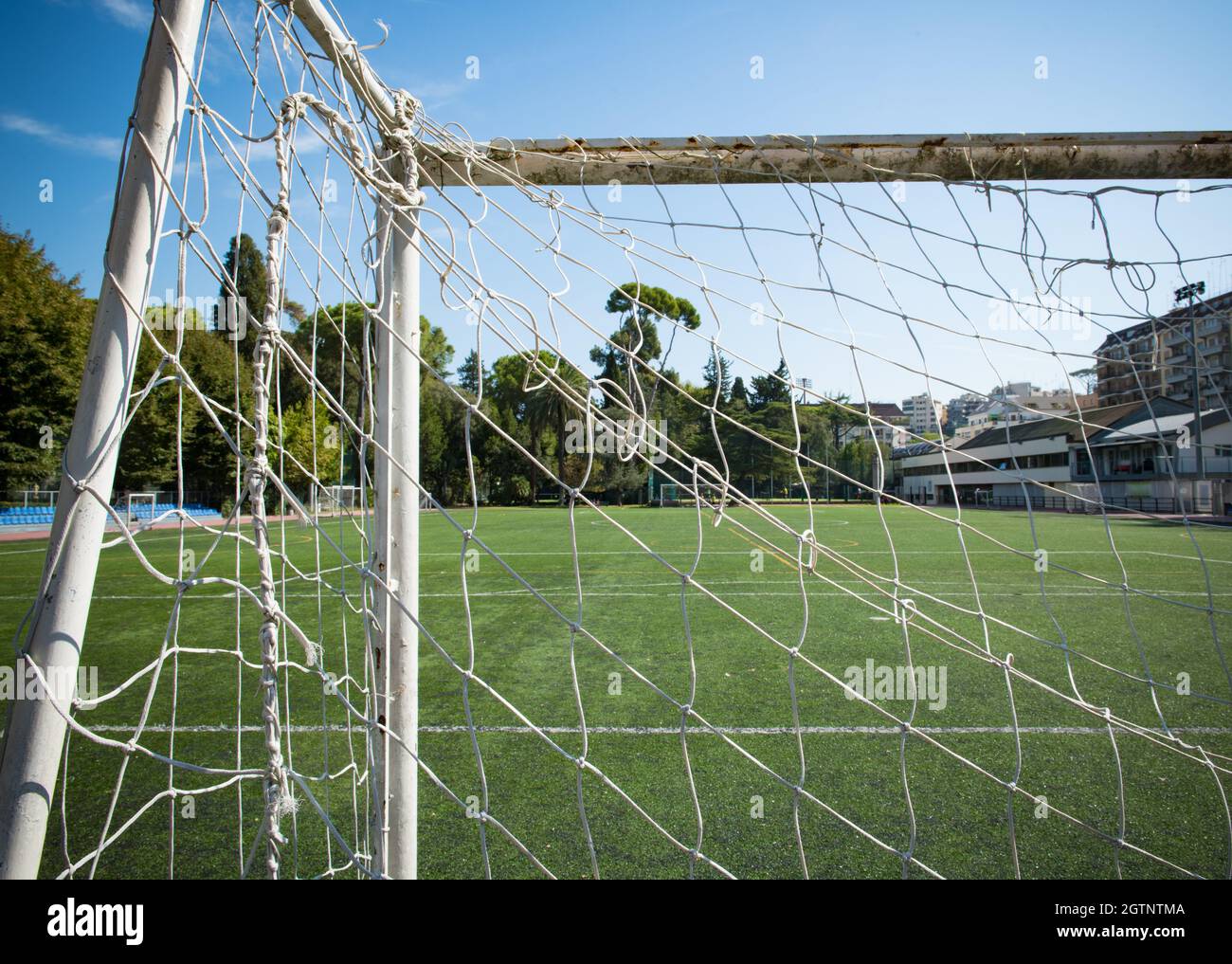 View Of Soccer Field Against Sky Stock Photo