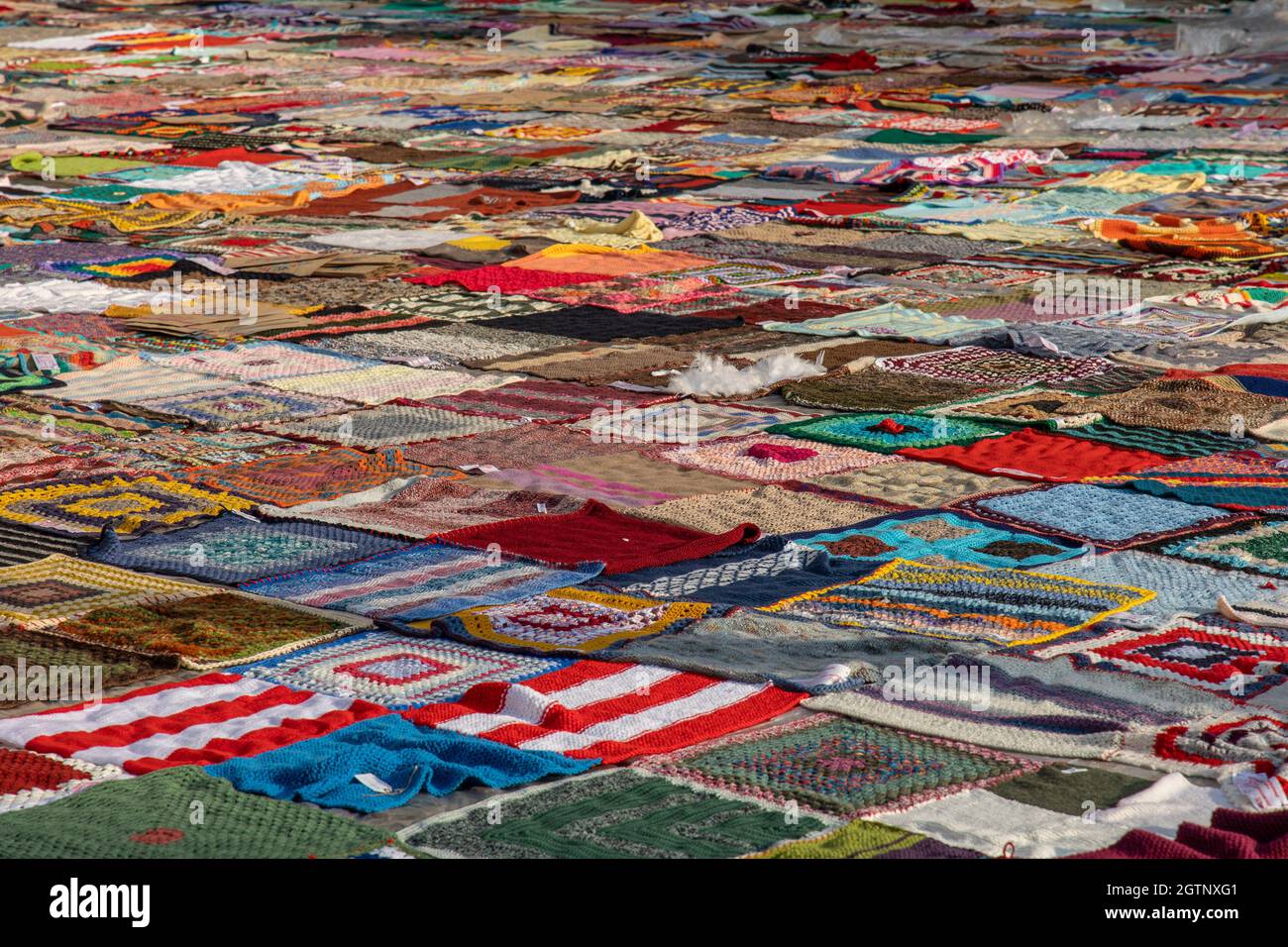 Milan Italy October 2 21 Thousands Of Colorful Crochet Blankets Cover The Square The Proceeds From The Sale Will Be Given To Charity For An Association That Fights Harassment Of Women