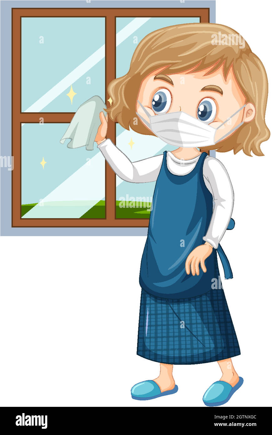 Girl wearing mask cleaning the window glass Stock Vector
