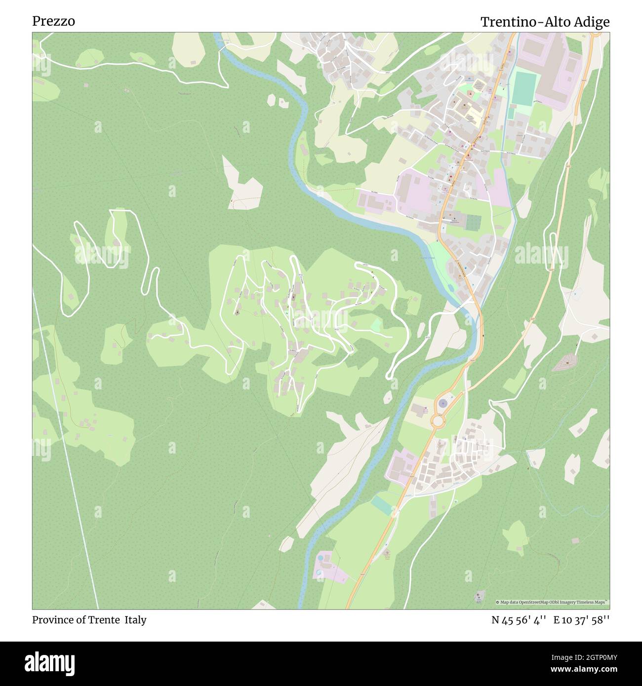 Prezzo, Province of Trente, Italy, Trentino-Alto Adige, N 45 56' 4'', E 10 37' 58'', map, Timeless Map published in 2021. Travelers, explorers and adventurers like Florence Nightingale, David Livingstone, Ernest Shackleton, Lewis and Clark and Sherlock Holmes relied on maps to plan travels to the world's most remote corners, Timeless Maps is mapping most locations on the globe, showing the achievement of great dreams Stock Photo