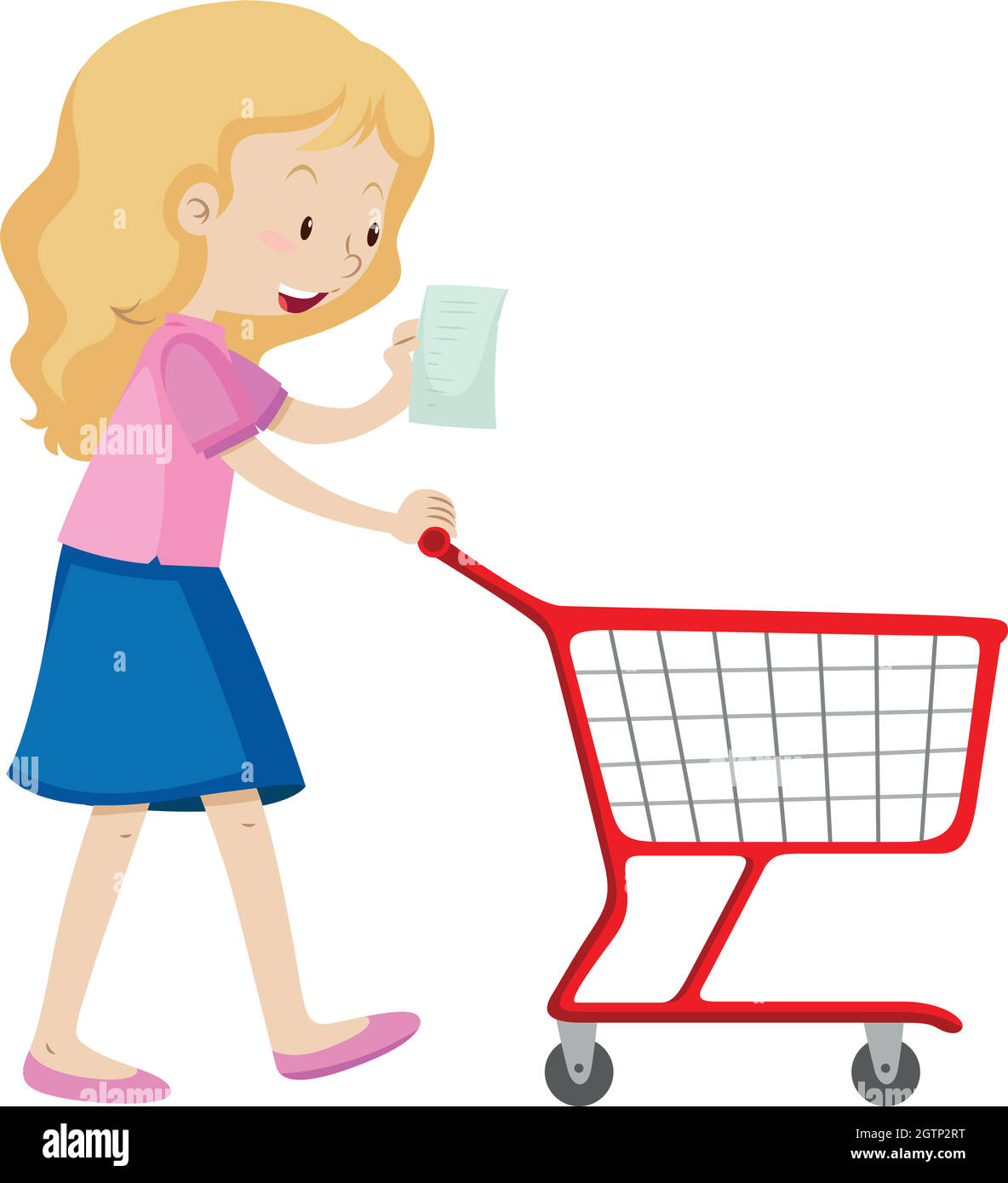 Woman read shopping list and pushing cart Stock Vector