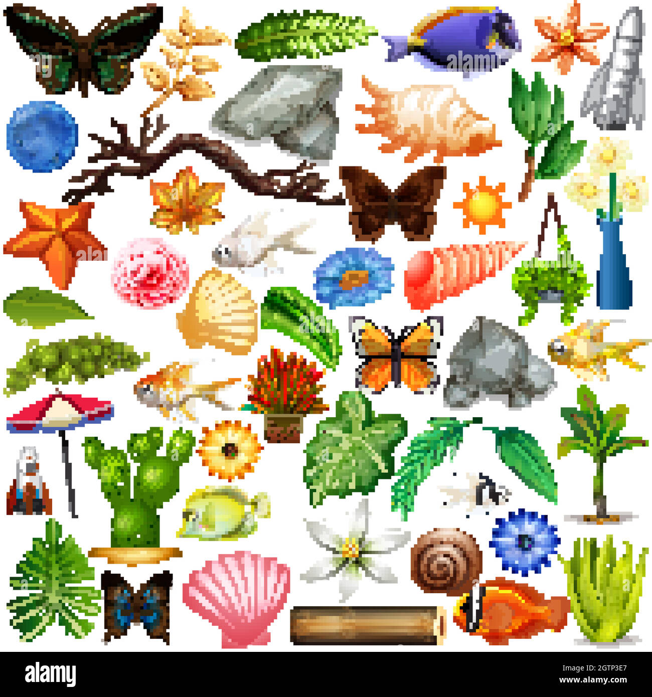 Nature set with insects and plants Stock Vector