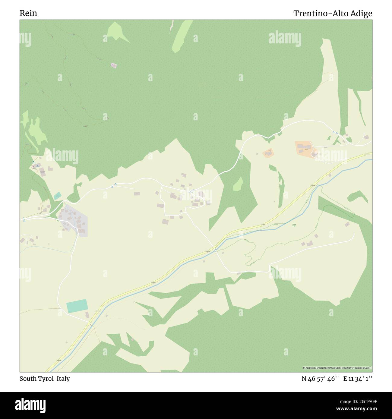 Rein, South Tyrol, Italy, Trentino-Alto Adige, N 46 57' 46'', E 11 34' 1'', map, Timeless Map published in 2021. Travelers, explorers and adventurers like Florence Nightingale, David Livingstone, Ernest Shackleton, Lewis and Clark and Sherlock Holmes relied on maps to plan travels to the world's most remote corners, Timeless Maps is mapping most locations on the globe, showing the achievement of great dreams Stock Photo